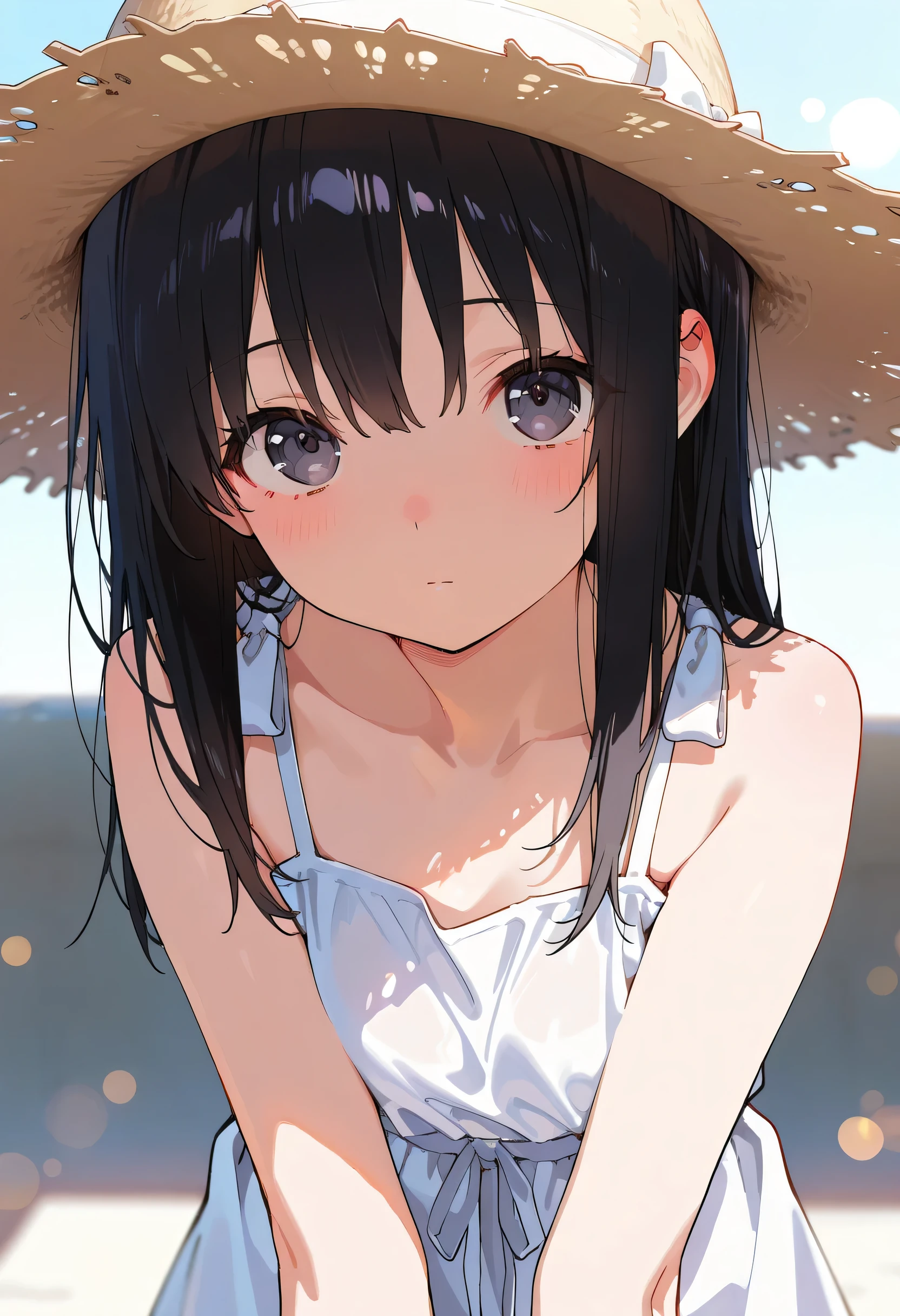 748cmstyle, masterpiece, best quality, amazing quality, anime screencap, nai3, close up, masterpiece, best quality, bokeh, cute, 1girl, solo, black hair, white dress, A straw hat, looking at viewer, closed mouth,