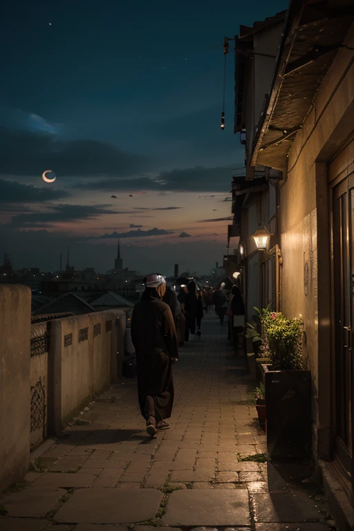 a person speaking to crowd in deep night in a mosque, while moon and sun shown in the backgroung, lamps lightening before them