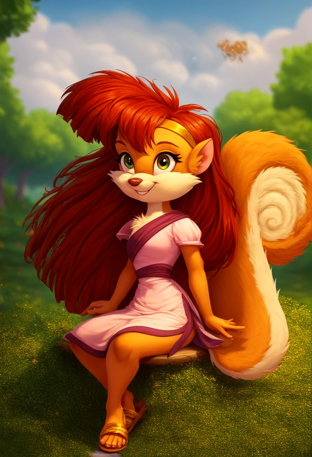 zPDXL, score_9_ upwards, score_8_ upwards,_7_ upwards, score_6_ upwards, score_5_ upwards, score_4_ upwards , eastnik_ fluffy , best quality, amazing quality, blurred background, Masterpiece , 1girl, magic in the air , Looks at the viewer, One, Cute, Cute smile, charming, outdoors, Park, plants, ( upwardsper body,close, focus on face, sitting:1.2), chest, Venus, red hair, squirrel, Long hair, green eyes, squirrel tail, orange-white wool , dress , gold hairband, sandals, side slit , shadman , Expressive , horoshiy_Hands,