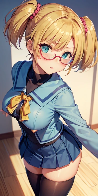 (((One girl))), ((beach)), noon, blond hair, bob cut, breasts, from front, (cowboy shot), standard body, (looking at viewer), ((dark blue serafuku)), dark blue skirt, (()), ((sunglasses)), hand to sunglasses, ager, head tilt:1.3, (((blue eye))), ((happy smile)), anime style, (best quality, 4k, 8k, highres, masterpiece:1.2, ultra-detailed, ultra-detailed eyes, HDR, UHD, studio lighting, ultra-fine painting, sharp focus, physically-based rendering, extreme detail description, professional, vivid colors, bokeh), ((Highest quality, Best image quality, Ultra-high resolution, Ultra-high resolution, solo, Strong eye highlights)), Depth of written boundary, Natural soft light, attractive, Beautiful Face, Cleanliness, Pure Face, nedium chest, Beautiful Face, Perfect Fingers, Perfect hands, Perfect body, Perfect Face, Shine a light into your eyes, Perfect Anatomy