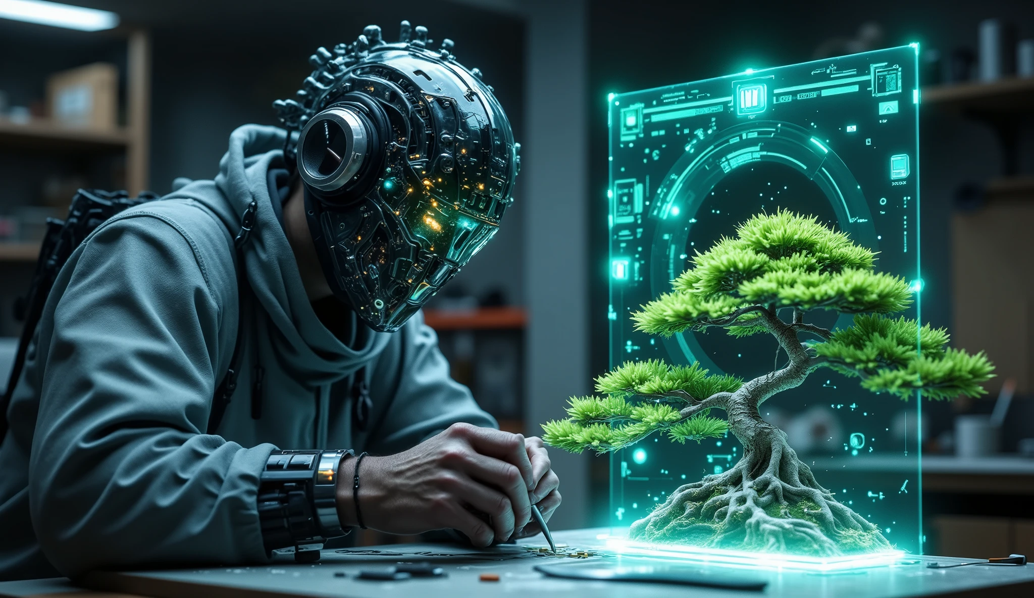 Daniel LaRusso , -yeld boruning a real bonsai, but with a holographic image of another bonsai right next to, very realistic and detailed image. The boy wears futuristic, with a kind of helmet full of circuits and is sitting at a table in a futuristic workshop.  Very detailed foreground .