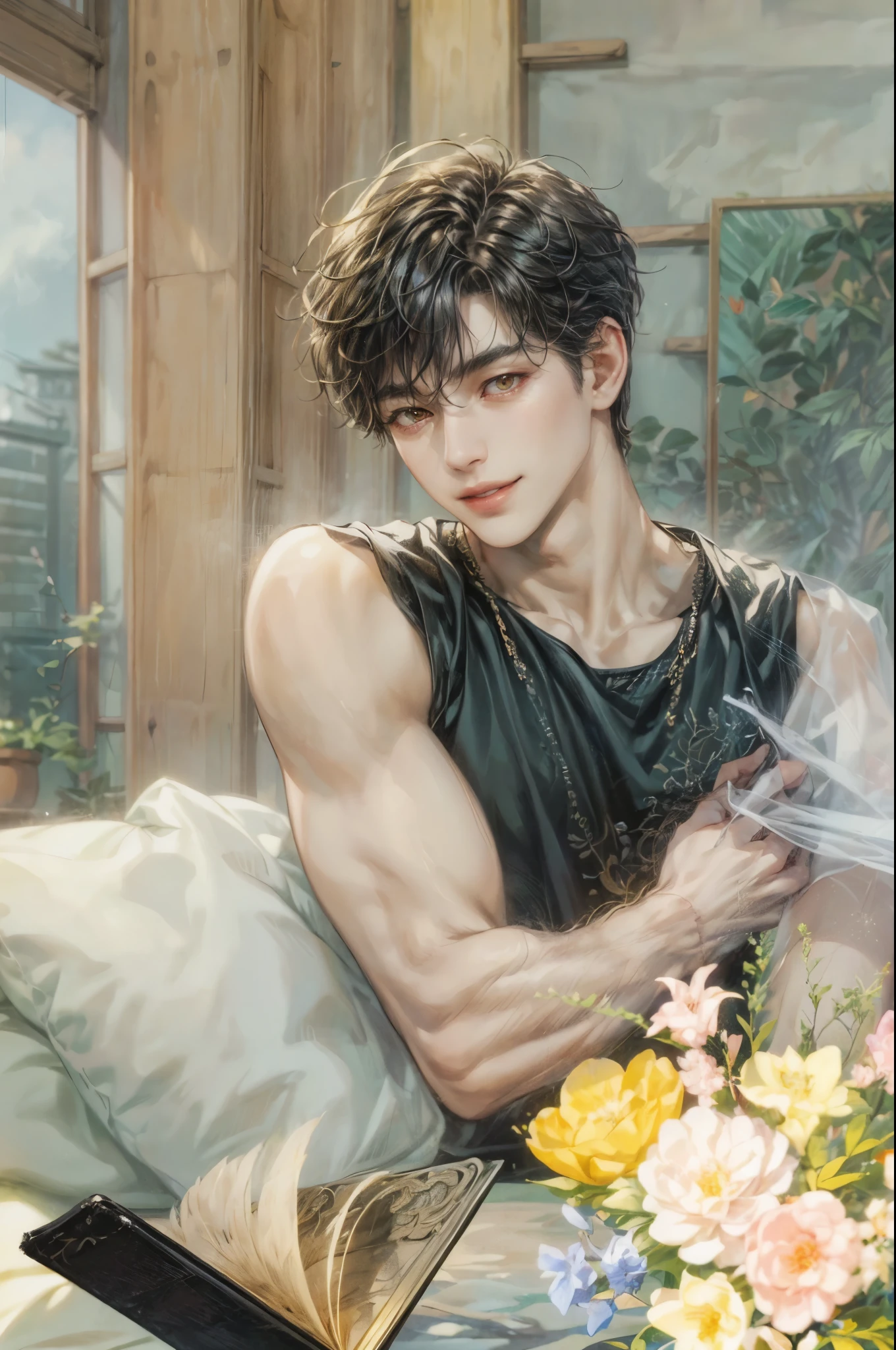 best quality,masterpiece,Ultra high detail,highres,A man,Short black hair,topless,(Flowers on the shoulder),(With flowers in his pants),<lora:Lora-Custom-ModelLiXian:0.4>,realistic,Grey background,Yellow and white flowers,