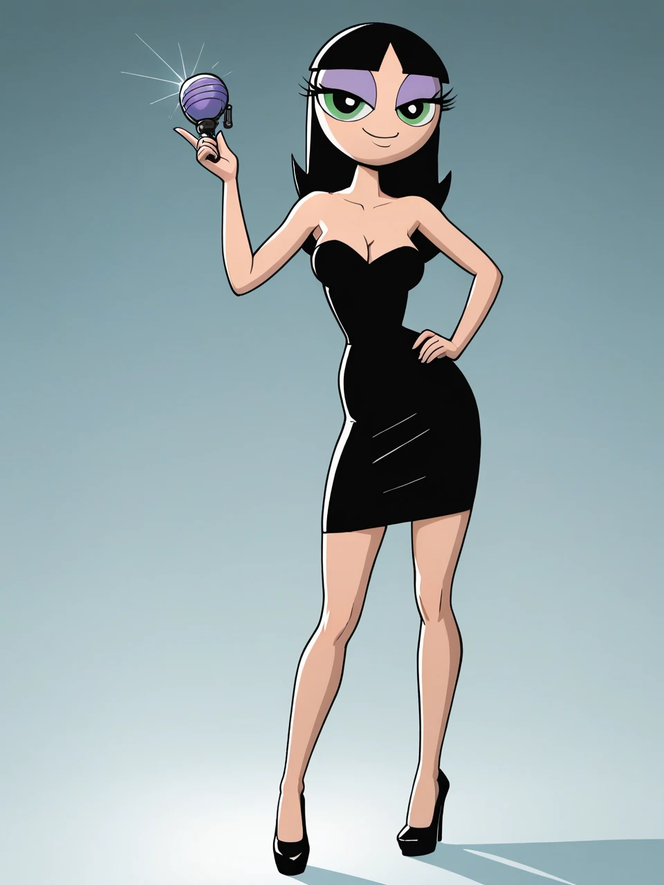 score_9, score_8_up, score_7_up, score_6_up, BREAK, t33nb8tt3rc8p, 1girl, solo, black hair, long hair, bare shoulders, medium breast, strapless black tube dress, black heels, closed mouth, seductive smile, purple eyeshadow, looking at viewer, hands on hip, powerpuff style
