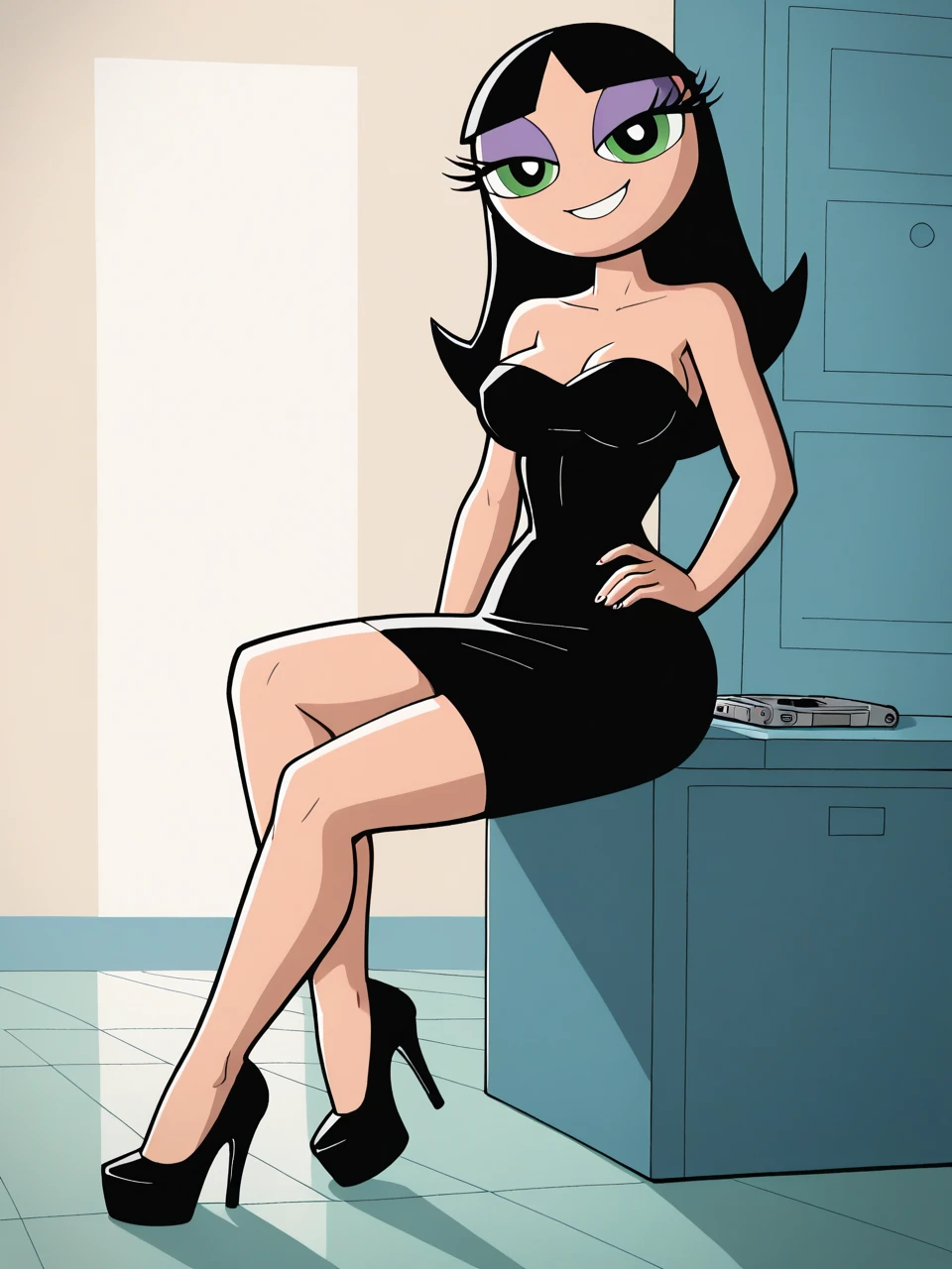 score_9, score_8_up, score_7_up, score_6_up, BREAK, t33nb8tt3rc8p, 1girl, solo, black hair, long hair, bare shoulders, medium breast, strapless black tube dress, black heels, closed mouth, seductive smile, purple eyeshadow, looking at viewer, hands on hip, powerpuff style