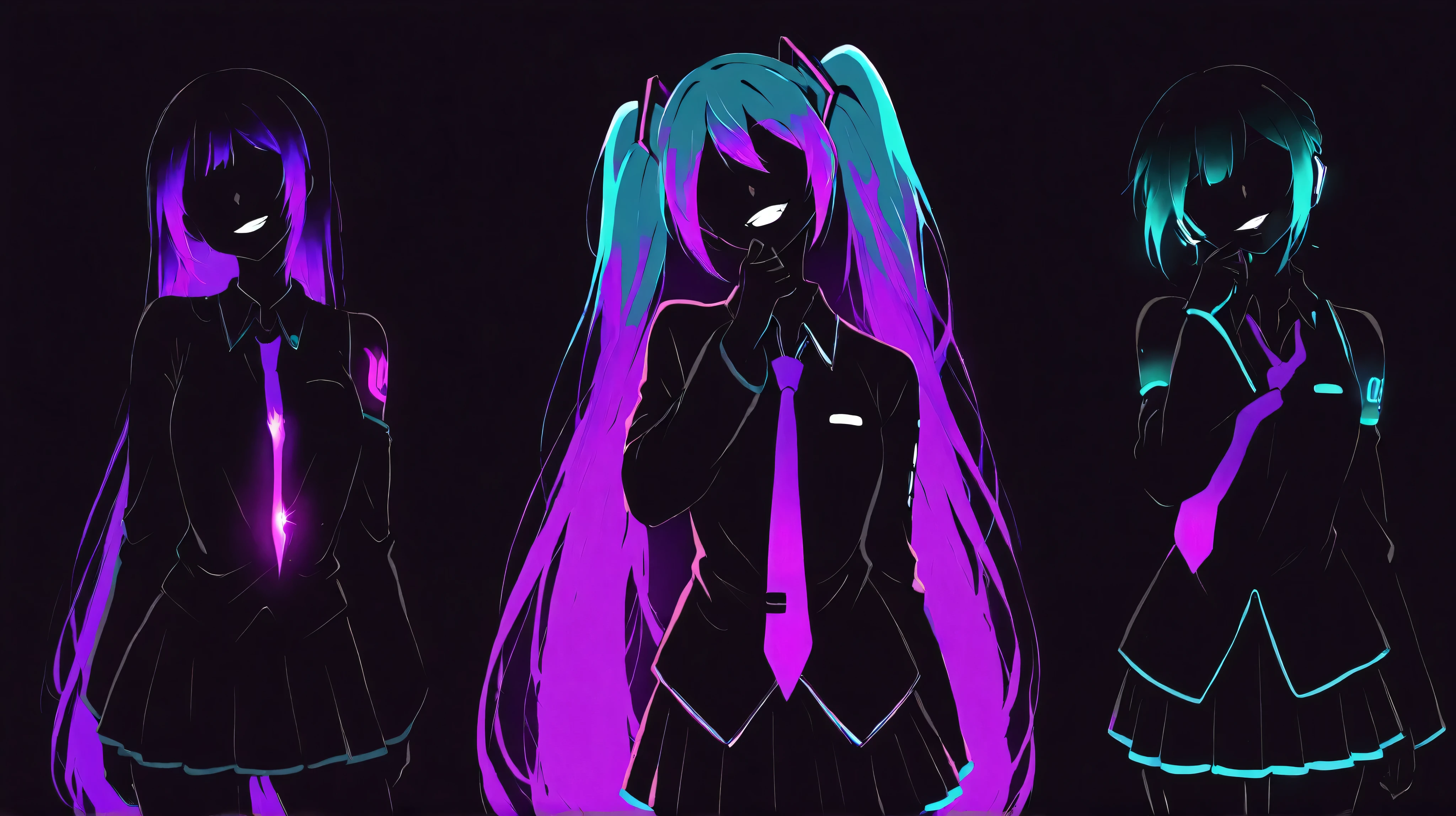 masterpiece, best quality, miku, aqua hair, purple hair, faceless, streaks, cowboy shot, dark background, modern neon hair streaks, purple necktie, black shirt, glowing necktie, shoulder mark, flat color, limited palette, no lineart, skirt, evil, gesugao, grin, head tilt, hand to own mouth