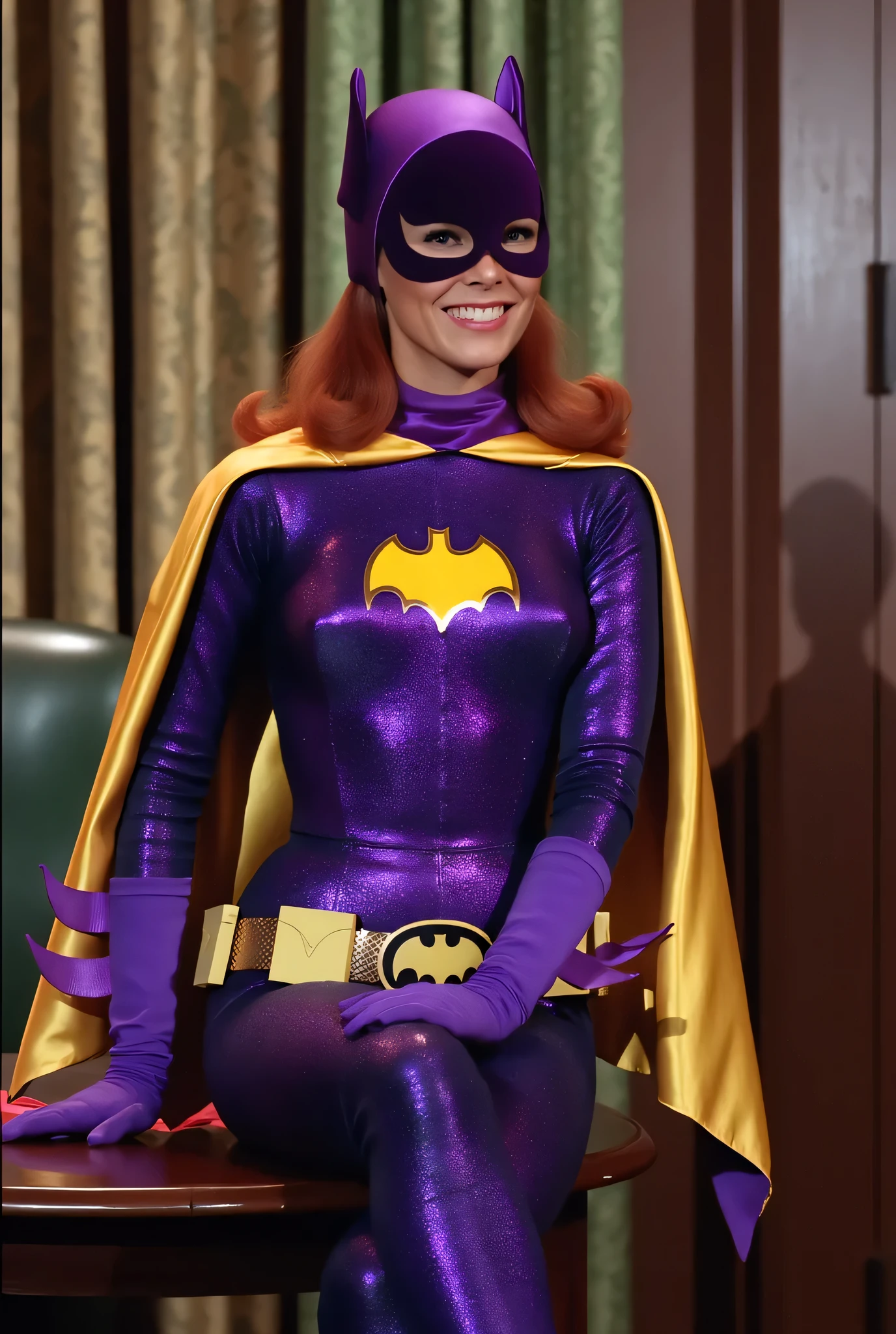 Masterpiece, Award Winning, High Quality, artgerm, solo, wearing retro Batgirl purple costume, big breast, retro red hair, looking at viewer, makeup, yellow Batgirl cape, b4tg1rl woman, posing sexy, Yvonne Craig, ankle boots, heels, wide hips , muscular waist , medium chest , sculpted abdominal musculature, sitting on table with one leg down and other leg crossed, smiling at the viewer. No extra limbs