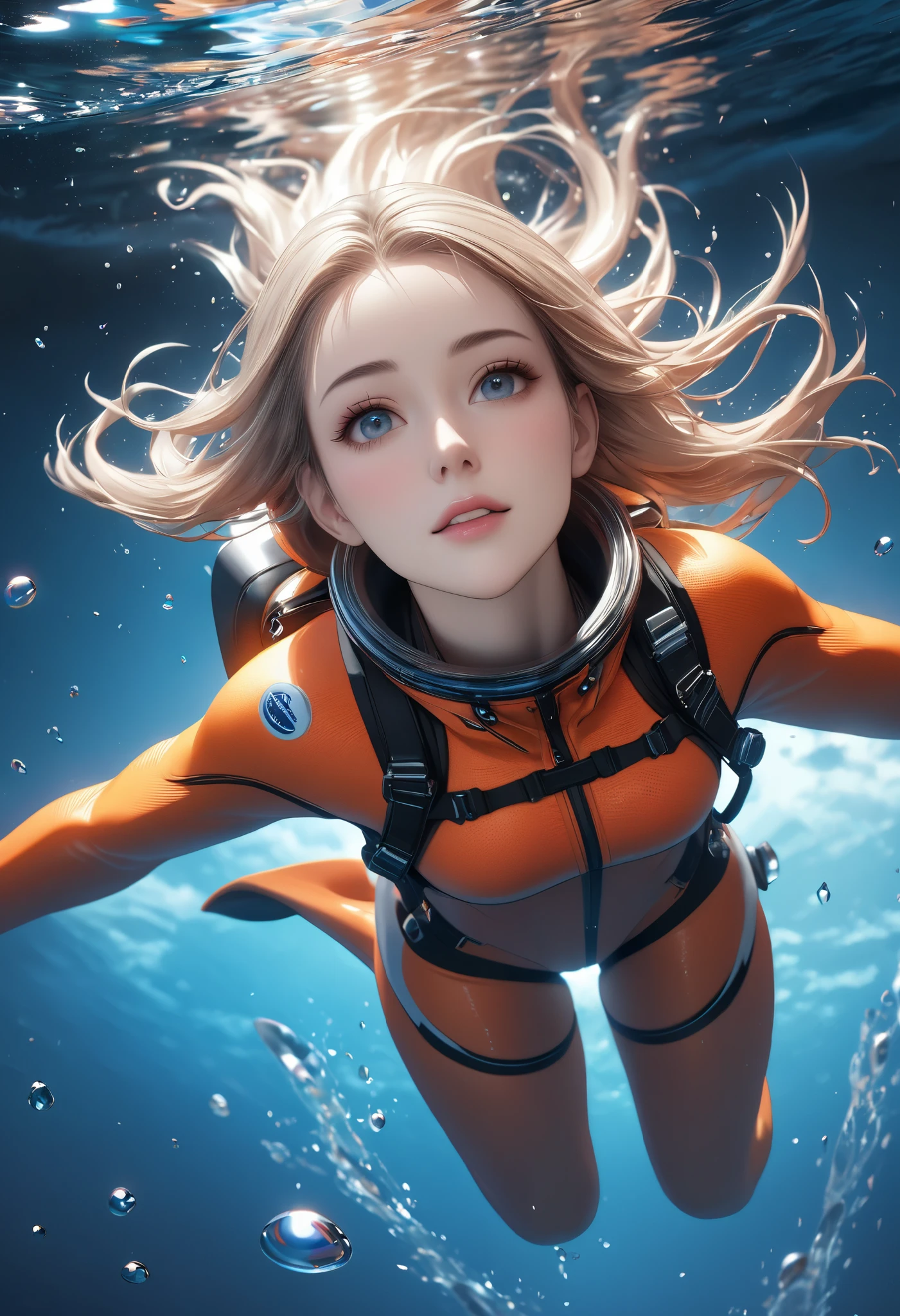Anime girl in orange diving suit floating in the ocean - SeaArt AI