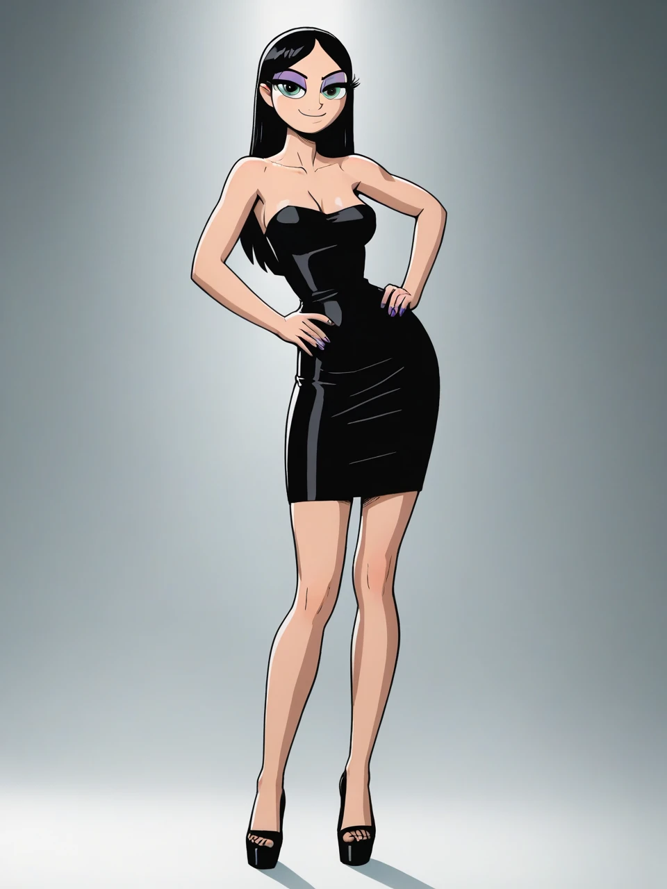 score_9, score_8_up, score_7_up, score_6_up, BREAK, t33nb8tt3rc8p, 1girl, solo, black hair, long hair, bare shoulders, medium breast, strapless black tube dress, black heels, closed mouth, seductive smile, purple eyeshadow, looking at viewer, hands on hip, looking sexy