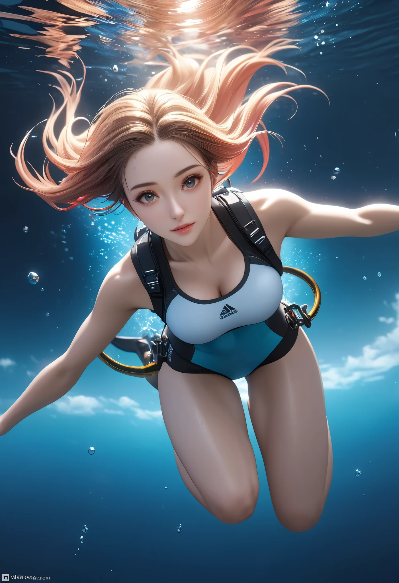 foreshortening, profundidade de campo, master part, best quality, 1girl, brown hair, olhos castanhos, cabelos longos, underwater, bolha de ar, sozinho, Olhando para o Viewer, school school swimsuit, swimming, luz solar fraca,