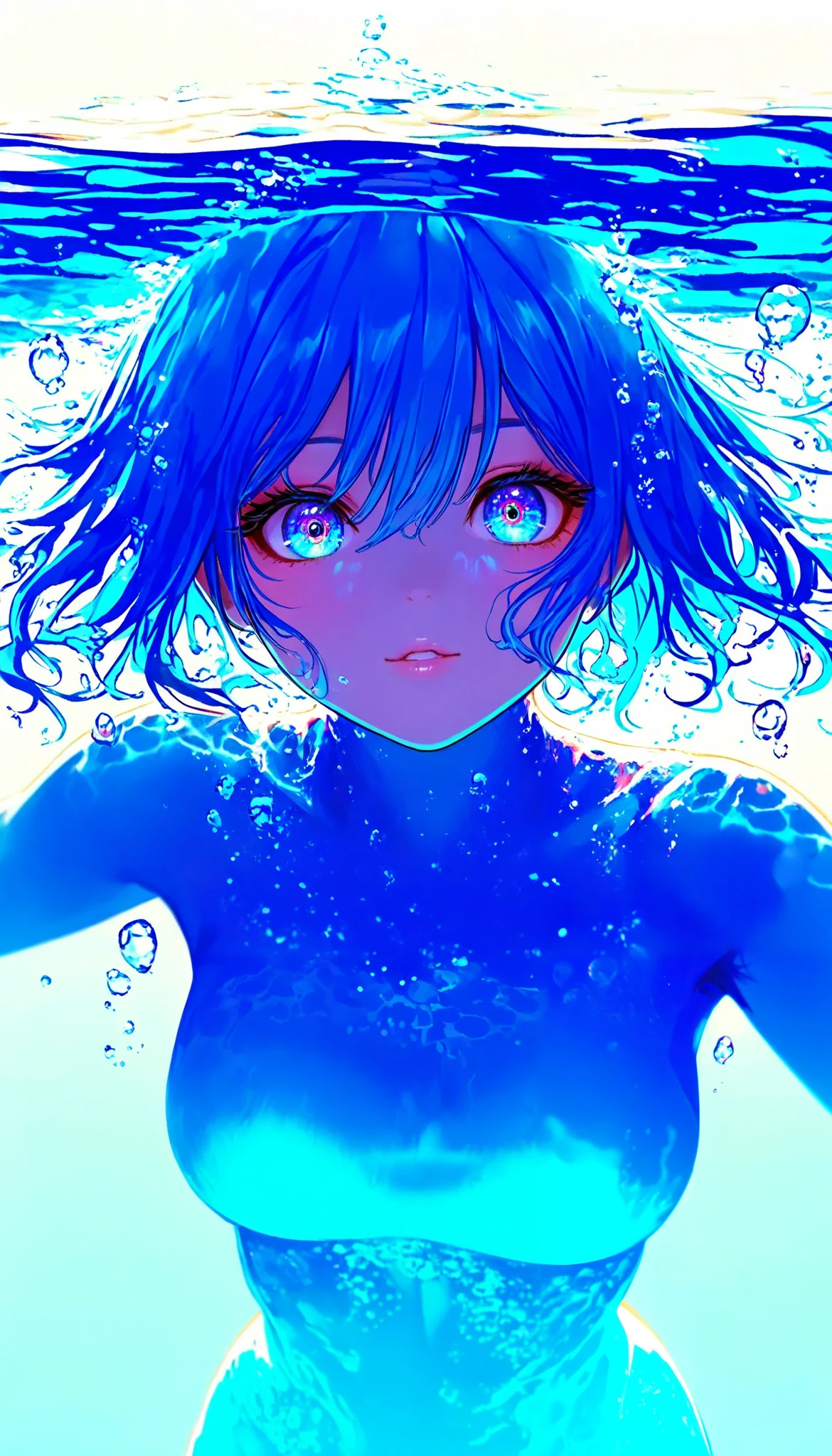 (masterpiece, best quality, amazing quality), person diving into water, splash art with water splashes, water pressure released 0__11Xx_illu, after compression, transparent light shining into the water, detailed face, beautiful detailed eyes, beautiful detailed lips, extremely detailed eyes and face, long eyelashes, athletic body, dynamic pose, blue water, underwater lighting, mist, bubbles, water reflection, splash effect, photorealistic, volumetric lighting, cinematic lighting, dramatic lighting