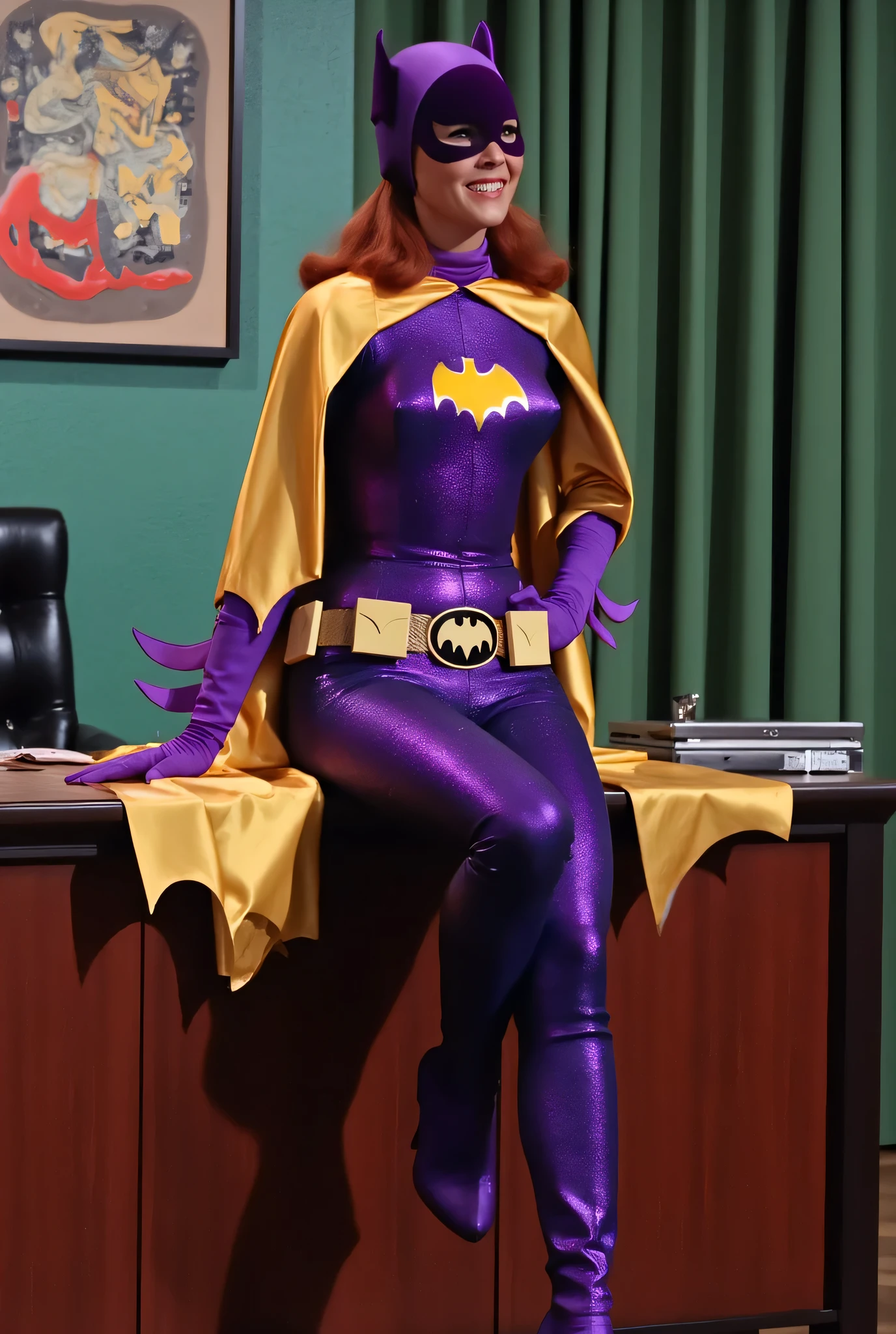Masterpiece, Award Winning, High Quality, artgerm, solo, wearing retro Batgirl purple costume, big breast, retro red hair, looking at viewer, makeup, yellow Batgirl cape, b4tg1rl woman, posing sexy, Yvonne Craig, ankle boots, heels, wide hips , muscular waist , medium chest , sculpted abdominal musculature, sitting on table with one leg down and other leg crossed, smiling at the viewer. No extra limbs