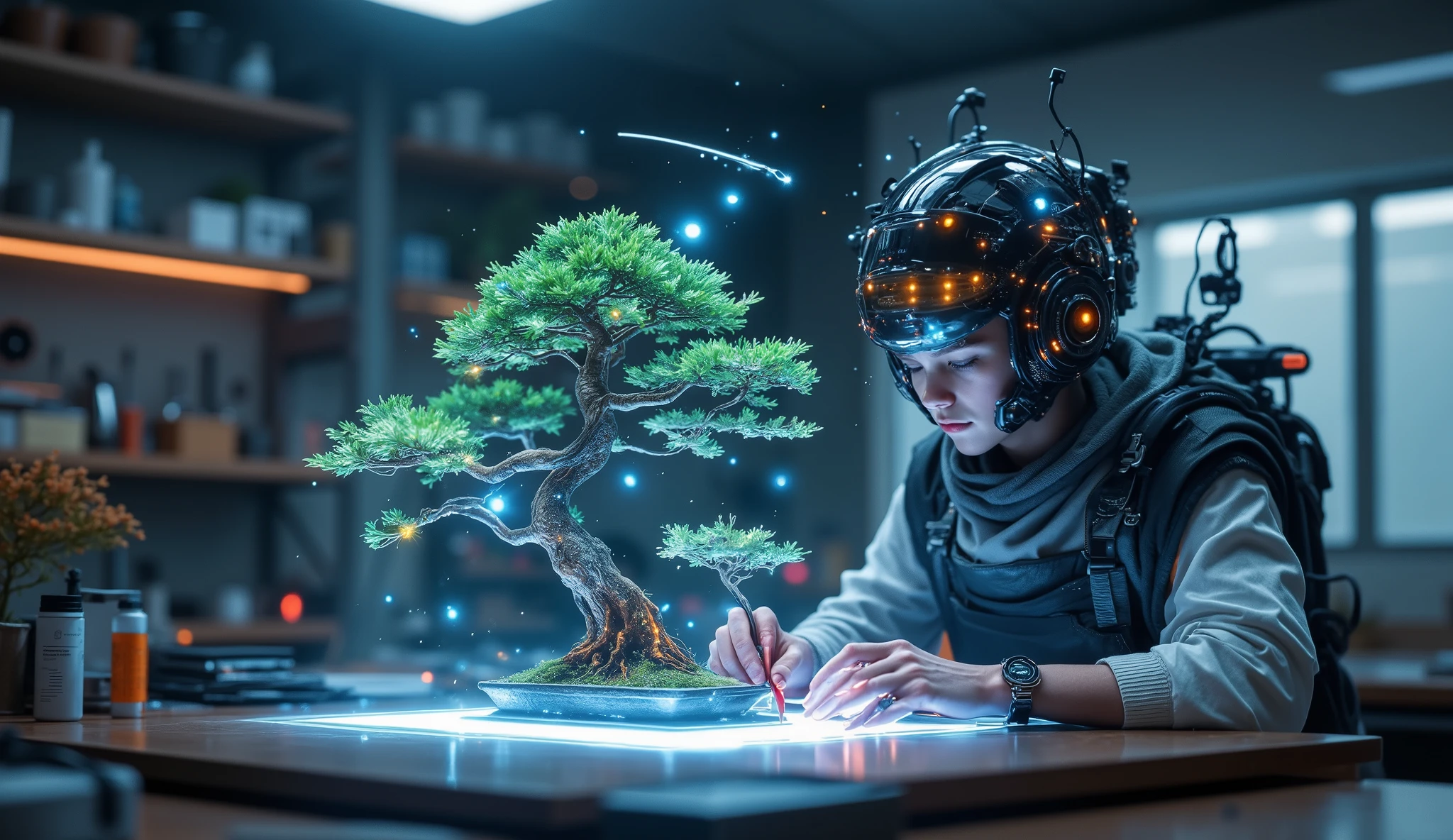 Daniel LaRusso , -yeld boruning a real bonsai with laser scissors,, but with a holographic image of another bonsai right next to,  very realistic and detailed image . The boy wears futuristic, with a kind of helmet full of circuits, but you can see his face because it's only a headband and helmets and he's sitting at a table in a futuristic workshop.  Very detailed foreground .