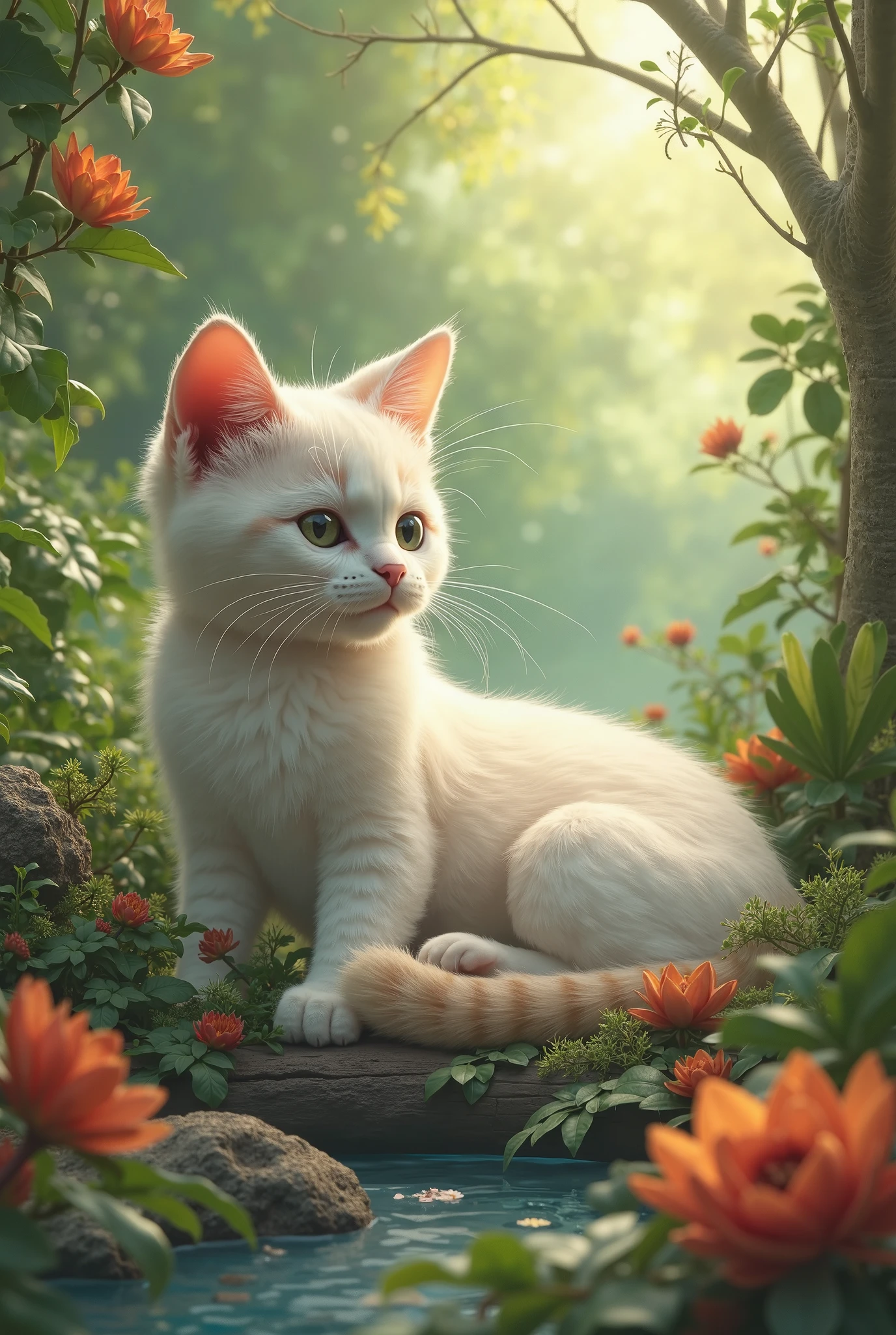 There is a white cat sitting on a rock in the woods - SeaArt AI