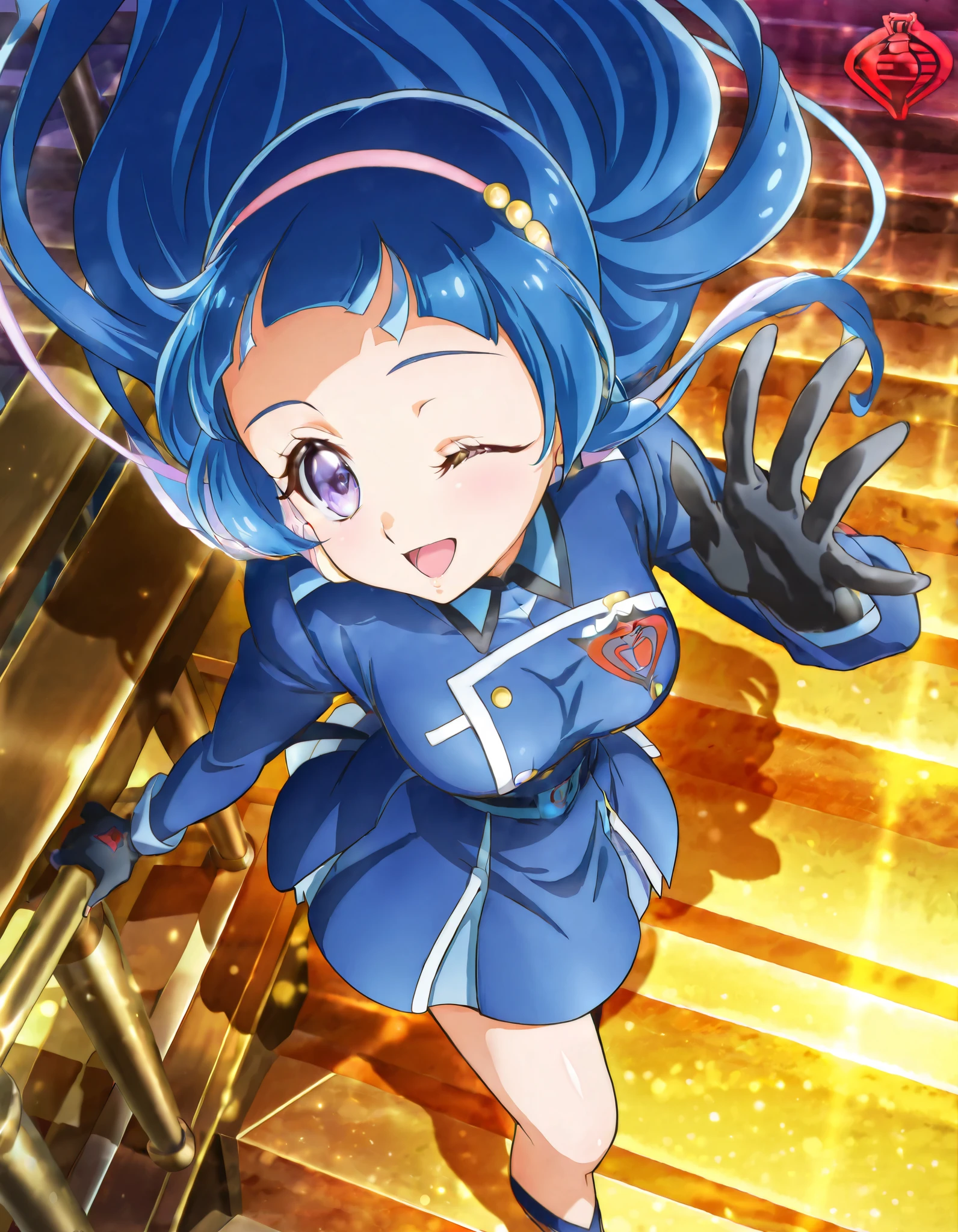 absurd, (absurd_resolution), masterpiece, best quality, (best illustration), (best shadow), ultra-High resolution, score_9, score_8_up, score_7_up, BREAK source_anime, 1girl, solo, shiny skin, perfect eyes, anime style, beautiful detailed eyes, anime_coloring, anime_screencap, curewink, (blue hair), skirt, one eye closed, medium breasts, blue suit, black gloves, red cobra logo, logo on left chest, hand up, smile, open mouth, stairs, looking forward, from lower,