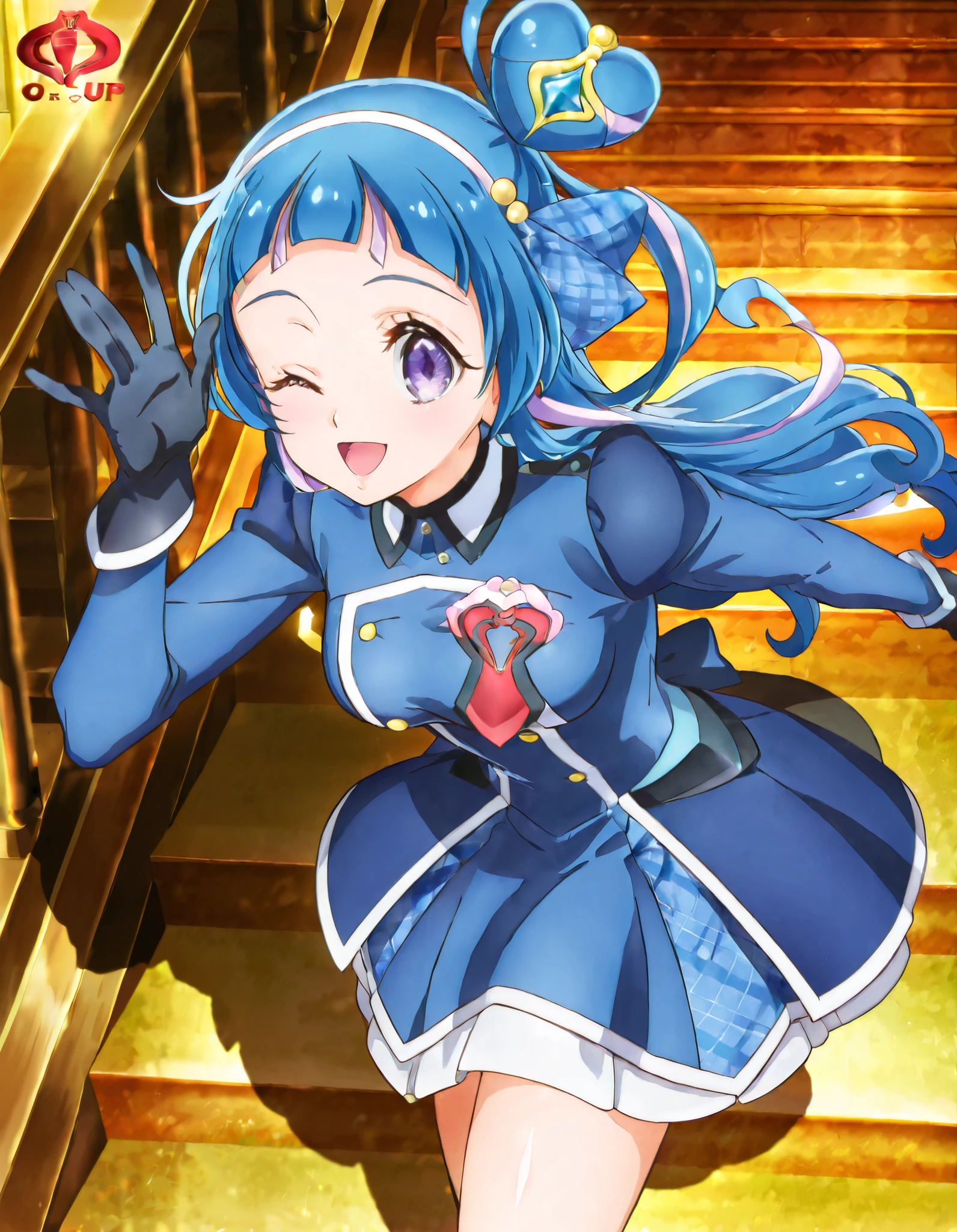 absurd, (absurd_resolution), masterpiece, best quality, (best illustration), (best shadow), ultra-High resolution, score_9, score_8_up, score_7_up, BREAK source_anime, 1girl, solo, shiny skin, perfect eyes, anime style, beautiful detailed eyes, anime_coloring, anime_screencap, curewink, (blue hair), skirt, one eye closed, medium breasts, blue suit, black gloves, red cobra logo, logo on left chest, hand up, smile, open mouth, stairs, looking forward, from lower,