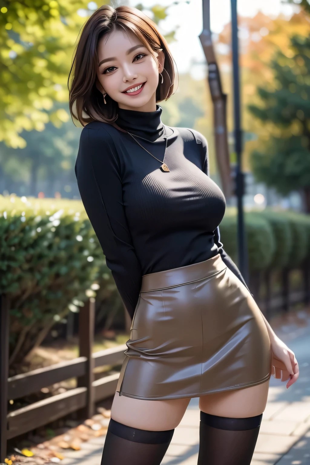 8k, RAW Photos, highest quality, masterpiece, Realistic, Photorealistic, (1 Ultimate beauty), middle aged, Highly detailed face, (Perfect Teeth), Detailed eyes, double eyelid, eyelash, Grin, Lip details, Brunette Bob, Big Breasts, (Long turtleneck sweater), ((Brown mini skirt)), Cowboy Shot, Koen-dori in Tokyo, Soft Light, ((Written boundary depth)) 