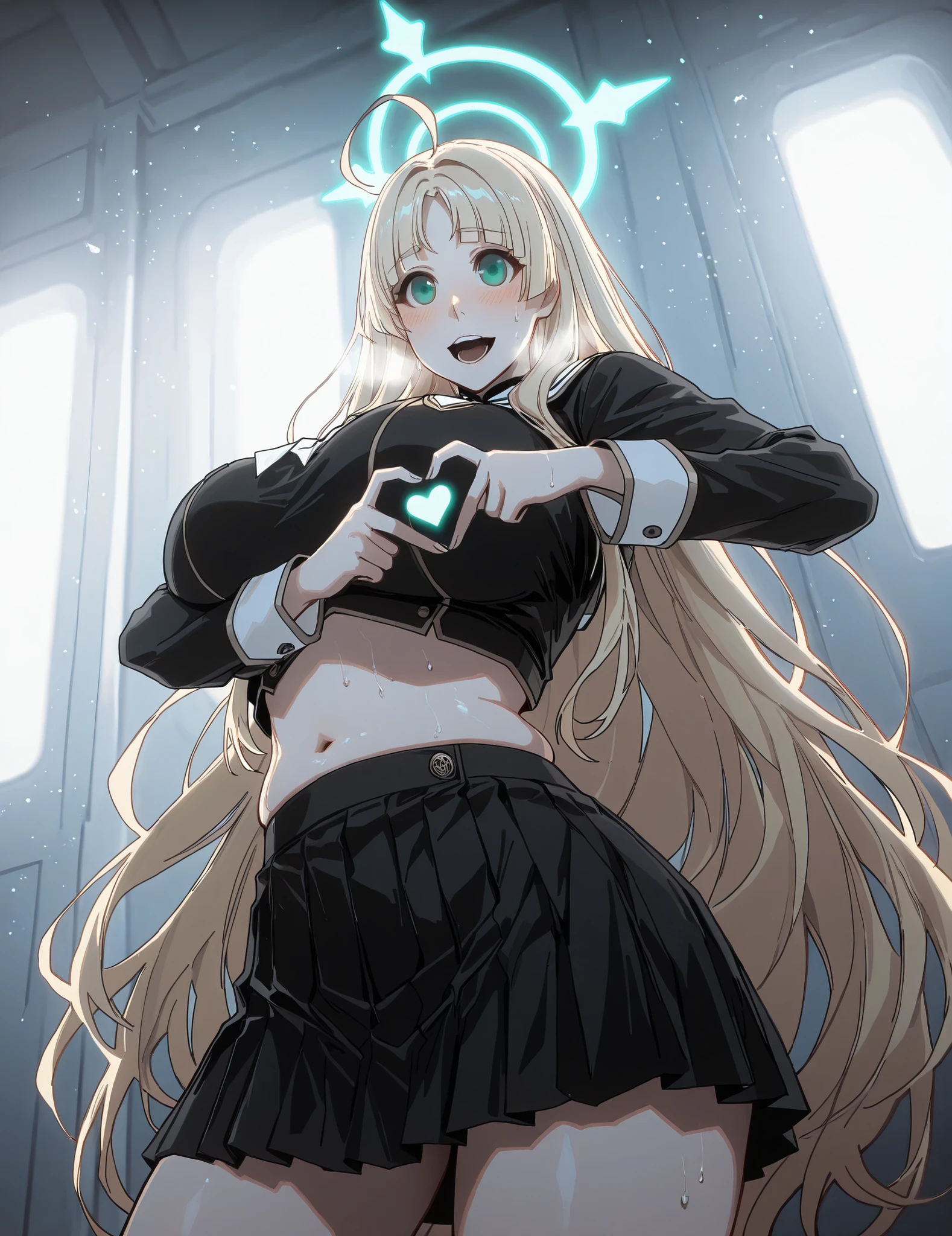 (No-kan-style:1.4), (Gogalking-style:1.2), masterpiece, high quality, absurdres, best quality, very aesthetic, newest, dramatic light, chiaroscuro technically, contrasting color, dynamic composition, anatomical correct, HD, 4K, digital art, trending on ArtStation, gasping, heavy breathing, excessive sweating, sweating, sweating profusely, gasping profusely, cinematic, ((skindentation)), ((voluptuous)), very long hair, blonde hair, green eyes, parted bangs, blunt bangs, ahoge, hollow eyes, 1girl, halo, heart_hands, solo, heart, open_mouth, looking_at_viewer, breasts, skirt, crop_top, blush, smile, black_skirt, long_sleeves, midriff, glow effect