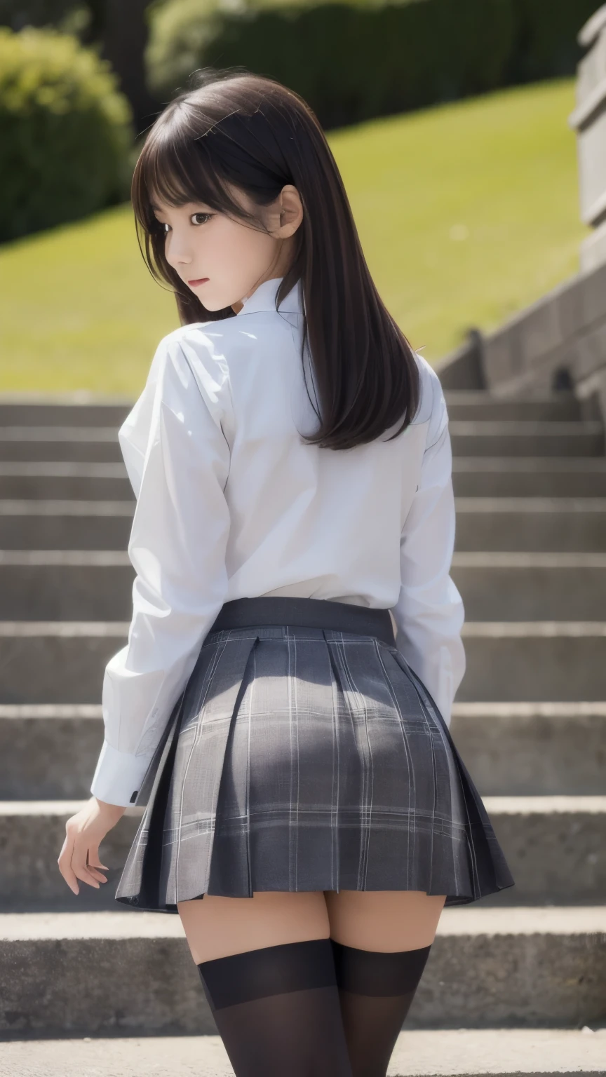 ((masterpiece))、 ((Highest quality)),、(非常にdetailed)、 ((cute))、 ((sexy)),、(device)、 ((detailed))、4K, (8k),、Highest quality、 (beautiful)、White Gal、White skin、From behind、at the park、(Climbing the stairs)、Low - Angle、 ((whole body))、Thick outline、 (Schoolgirl uniform :1.5),(White short sleeve blouse、Checkered Pleated Skirt)、beautiful light brown hair、Soft curly hair、Thin thighs、Small Ass、(Turn your ass towards me),The skirt is too short and your underwear is visible,(White thong panties are visible)、Performance、(Embarrassing、Embarrassing、Blushing)、Perfect Anatomy