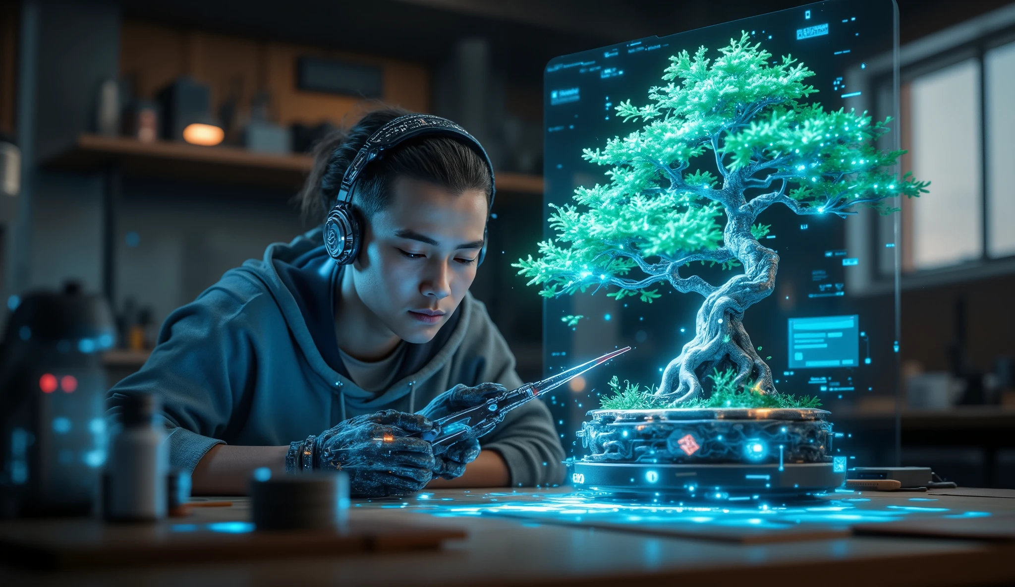 Daniel LaRusso , -yeld boruning a real bonsai with laser scissors,, but with a holographic image of another bonsai right next to, very realistic and detailed image . The boy wears futuristic, with a kind of cyborg headband full of, circuits but you can see his face because it's just a headband and headphones and he's sitting at a table in a futuristic workshop. Very detailed foreground .