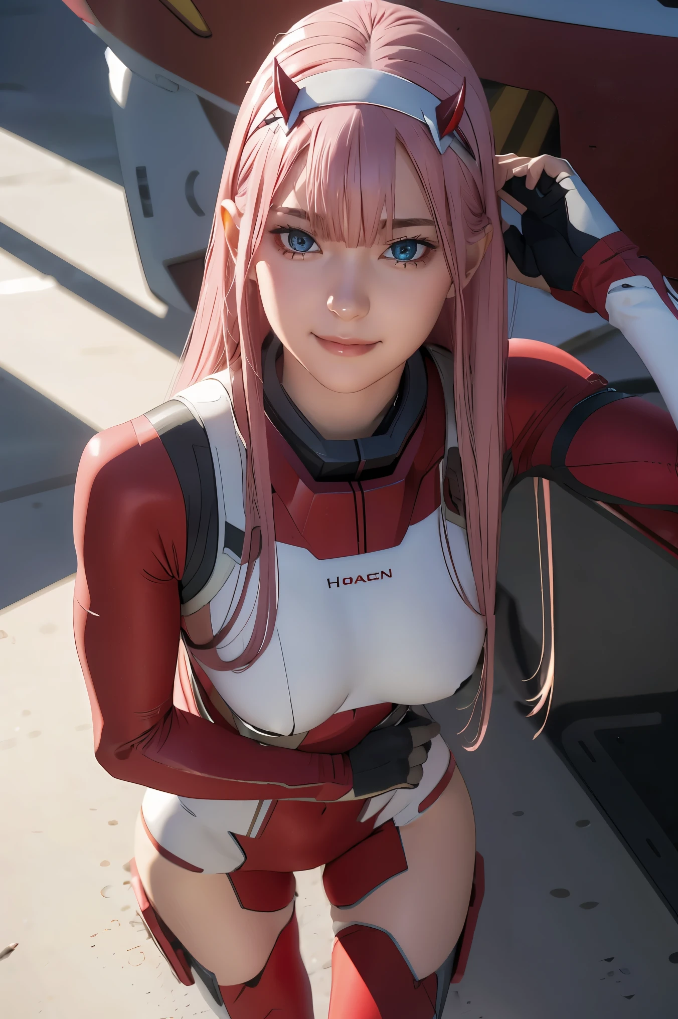 ((best quality)),((highly detailed)),masterpiece,absurdres,detailed face,beautiful face,((detailed eyes, deep eyes)),(1girl),((dynamic pose)), Zero_Two, green eyes, 1girl, solo, red bodysuit, long hair, pilot suit, pink hair, bodysuit, straight hair, hairband, standing, horns, breasts, bangs, closed mouth, looking at viewer, medium breasts, white hairband, skin tight, blunt bangs, makeup, eyeshadow, very long hair, sidelocks, expressionless, hair between eyes, red horns, shiny hair, towards viewer, smile,