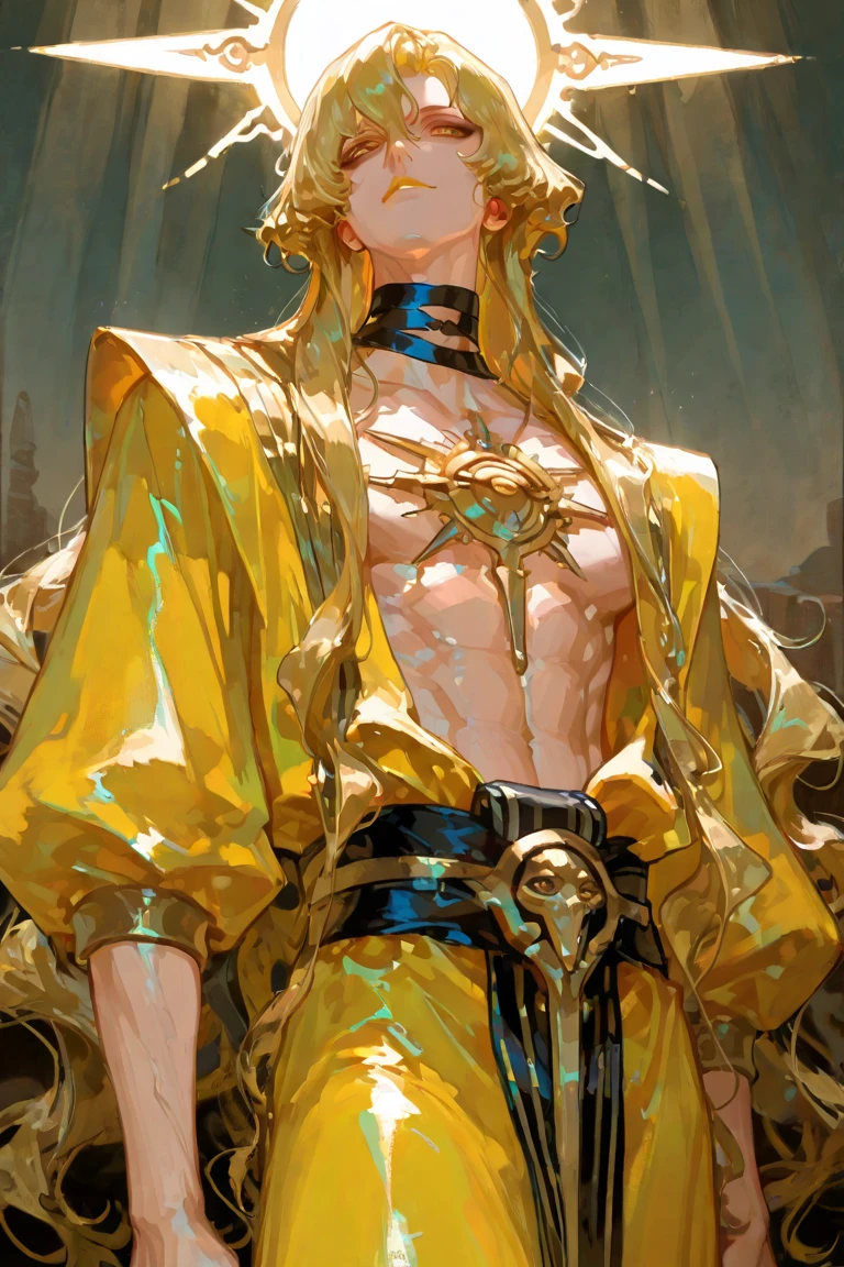 Anime male 18 years, Irani style golden cloths , pale yellow hair and eye,