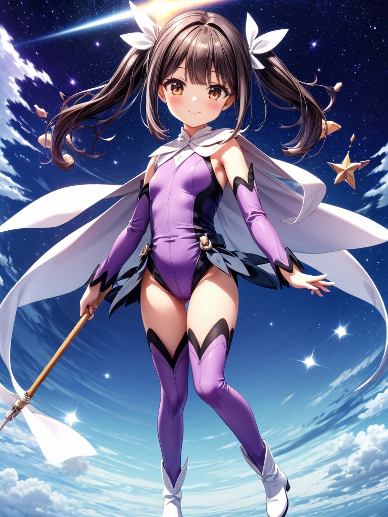 1girl, solo, (highres, best quality, masterpiece, perfect lighting:1.1), fisheye, full body, (close up:1.1), (looking at viewer:1.2),
a photo of a cute magical girl, floating in beautiful starry sky, over city, outdoors, nose blush,
BREAK
<lora:MiyuMagicalV1:0.8>, outfit-me, purple leotard, purple thighhighs, cape,
<lora:homura:1>, homura, long hair, hairband, purple eyes,
<lora:flat2:-0.3>