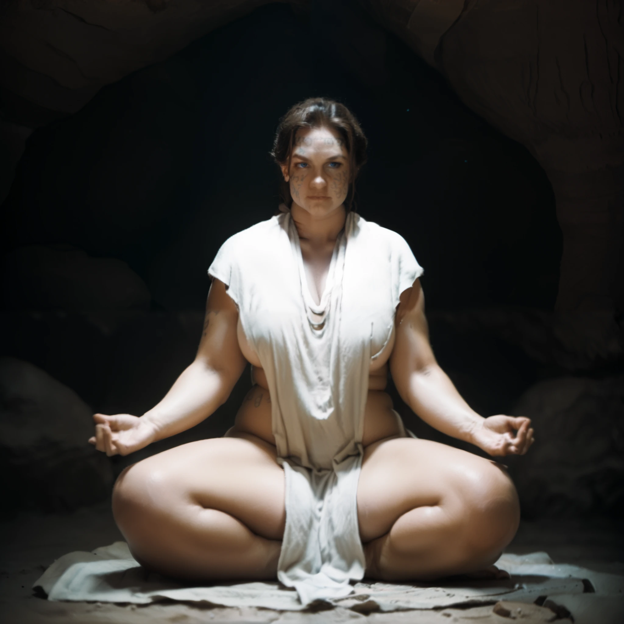 score_9, score_8_up, score_7_up, masterpiece, high quality, dramatic lighting, dark, cinematic style, 1girl, full body, sitting with legs open, meditating, serious face, wearing linen robes, barefoot, naked legs, sleveless, low cleavage, sideboob, naked hips, hip crease, mature female, blue eyes, dark, tattoos, cave, night, hot lights, fire, dark cave, incent, high contrast, brown hair, looking at the distance, closed mouthjessica_atreides, hud_m3dit4tion, hands on knees, perfect feet, perfect face, (wide hips:1.2), (huge thick thighs:1.3) , supthighs, plump, thick thighs, wide hips, curvy, thick calves, chubby, from the front, looking at viewer, (open legs:1.2) (dark cave:1.4), pelvic curtain barely covering pussy, perfect feet, (feet focus:0.5), (short tiny pelvic curtain:1.5). barely covered breasts, hud_m3dit4tion, indian style, sitting, on floor, huge breasts, strapless, anus