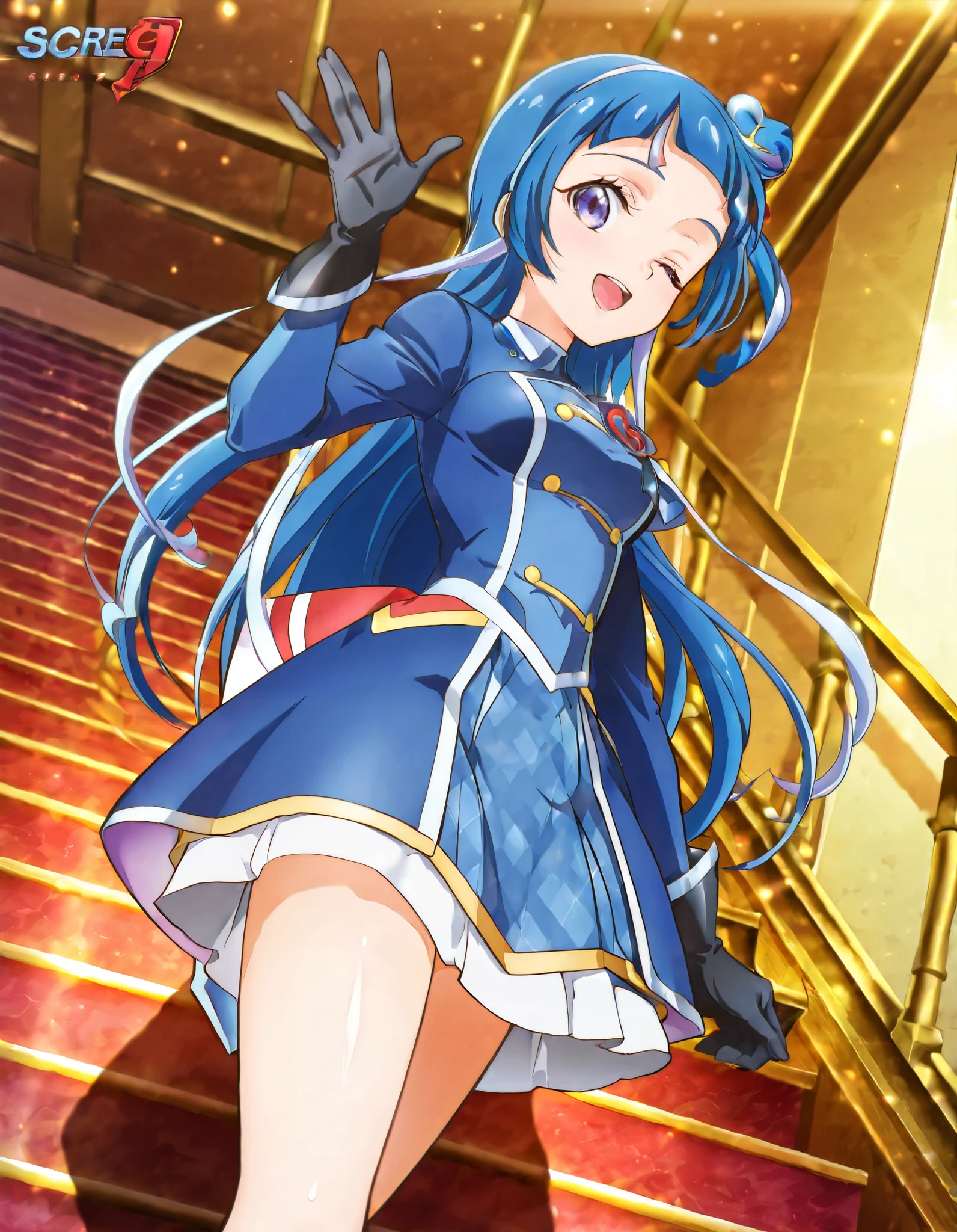 absurd, (absurd_resolution), masterpiece, best quality, (best illustration), (best shadow), ultra-High resolution, score_9, score_8_up, score_7_up, BREAK source_anime, 1girl, solo, shiny skin, perfect eyes, anime style, beautiful detailed eyes, anime_coloring, anime_screencap, curewink, (blue hair), skirt, one eye closed, medium breasts, blue suit, black gloves, red cobra logo, logo on left chest, hand up, smile, open mouth, stairs, looking forward, from below,