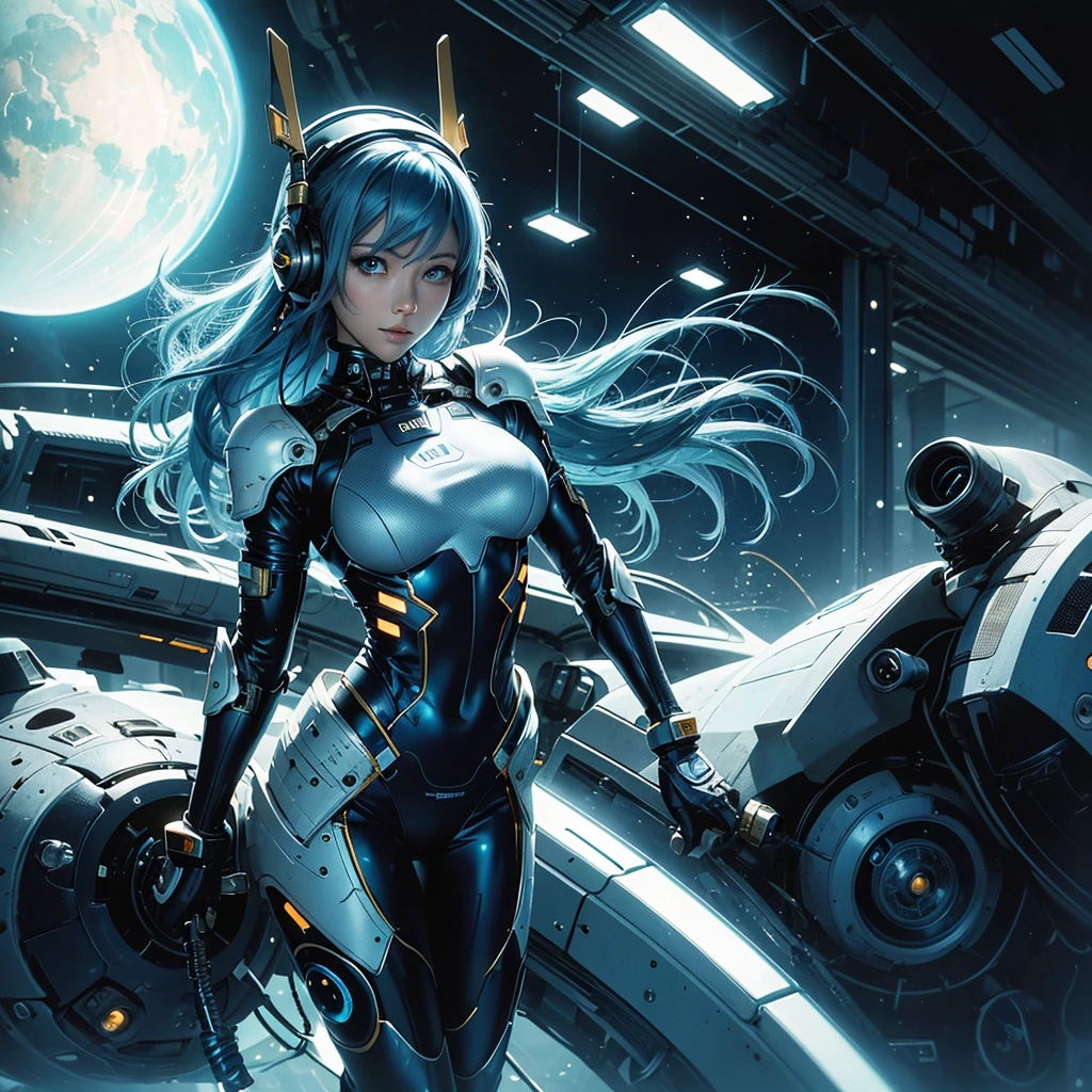 Full body, blue hair, blunt van, masterpiece, top quality, official art, album art, very elaborate CG Unity 8K wallpaper, lone girl, Japan girl, full body, super high resolution, (photorealistic: 1.4), dynamic angle, dynamic pose, mystical power, floating particles, reflection, so cute, sparkling blue color eyes, golden hour lighting, Pilot suit in white and blue and black colors, tight fitting clothes, full-body covering clothes, knee boots, (puffy eyes), viewer looking, front-facing, beauty, medium breasts, shirt lift, metal wire, slim body, arm-length gloves, anime heroine, gentle smile, headset, helmet, detailed robot cockpit, super futuristic space