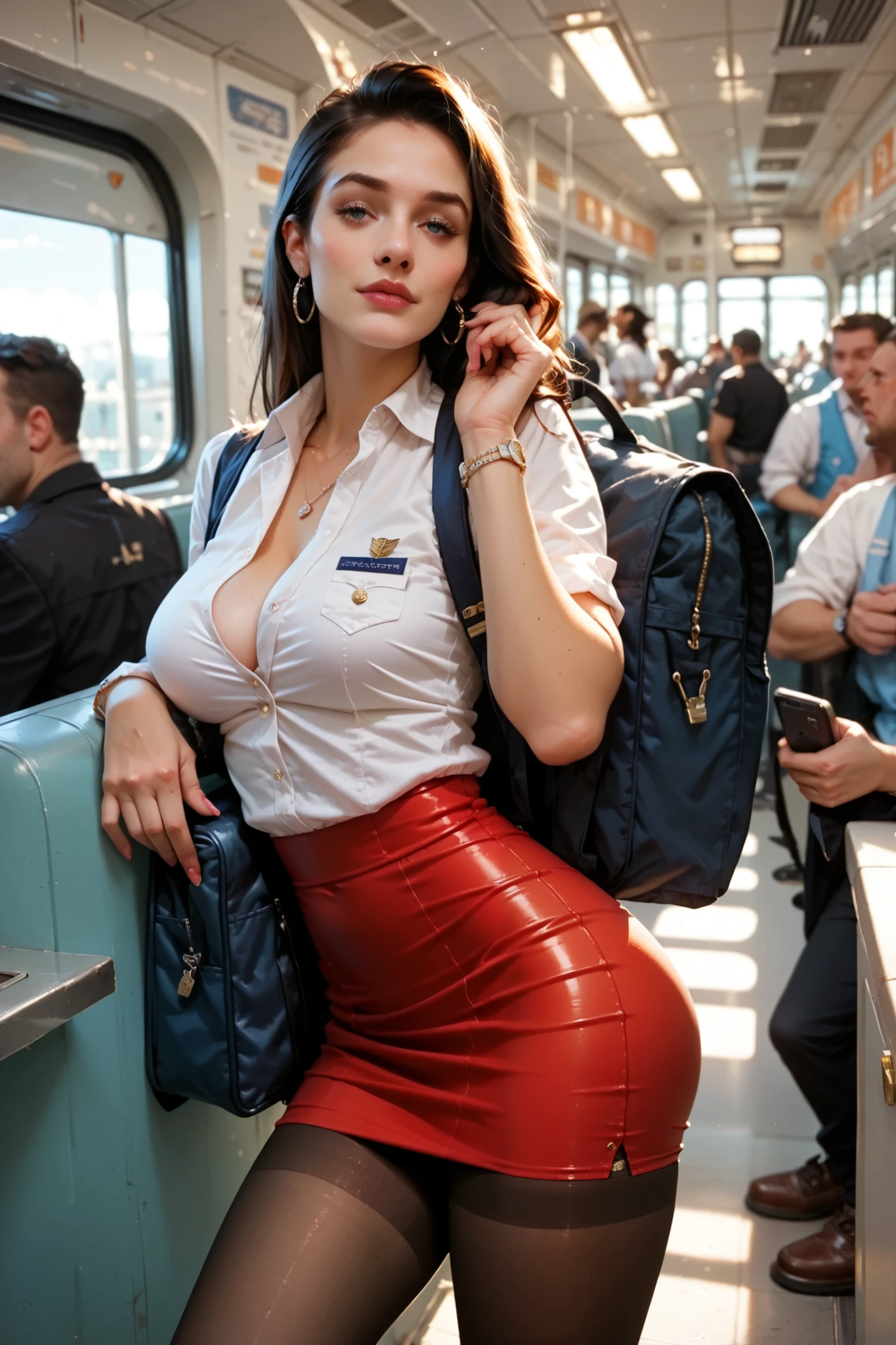 A beautiful stewardess dressed in a short skirt, Tight and pantyhose, she's naughty and sexy