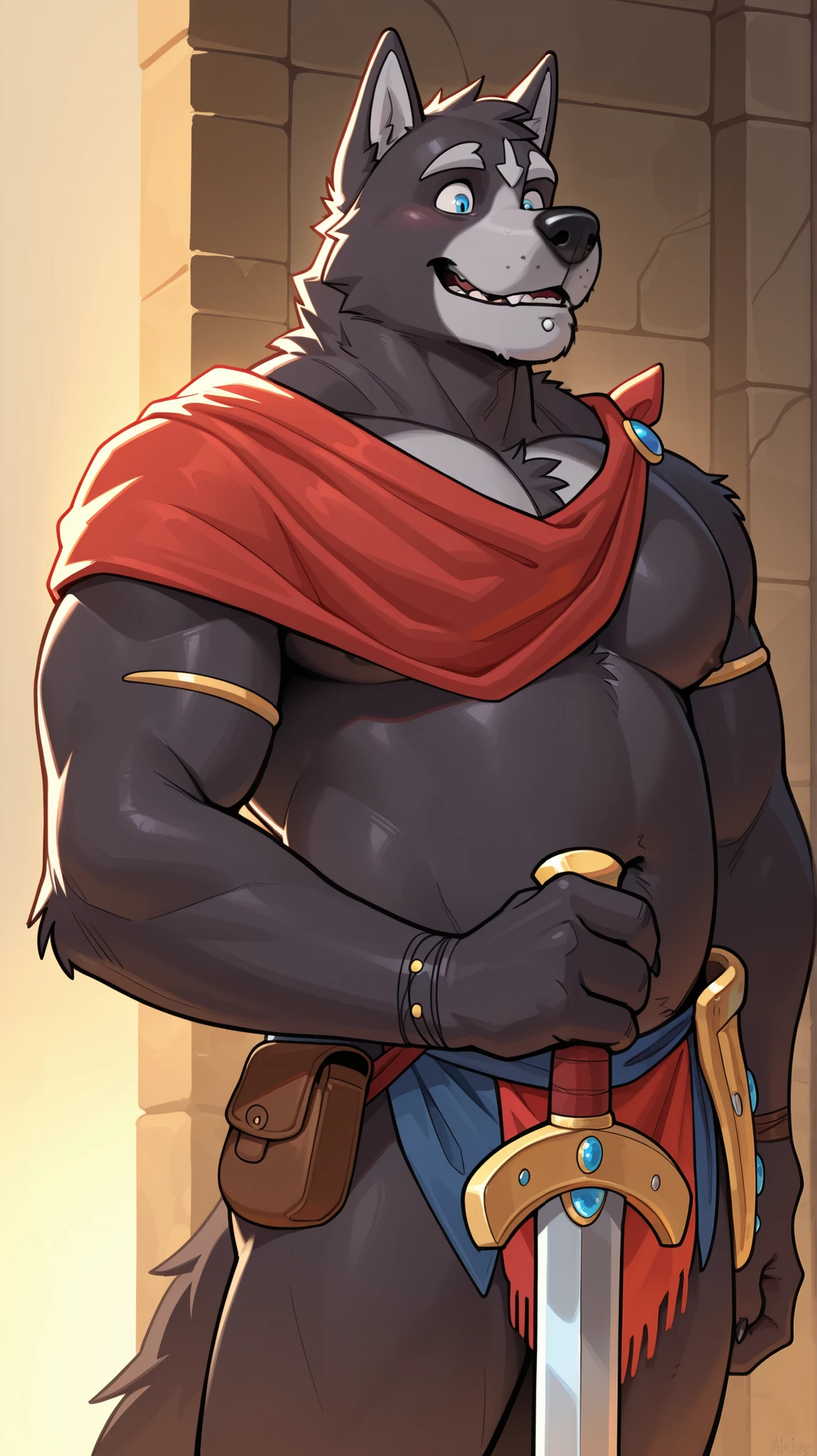 masterpiece, best quality, amazing quality, 1boy, solo, Amicus, bara, roman armor, dog sheath, lip piercing, close up, holding sword