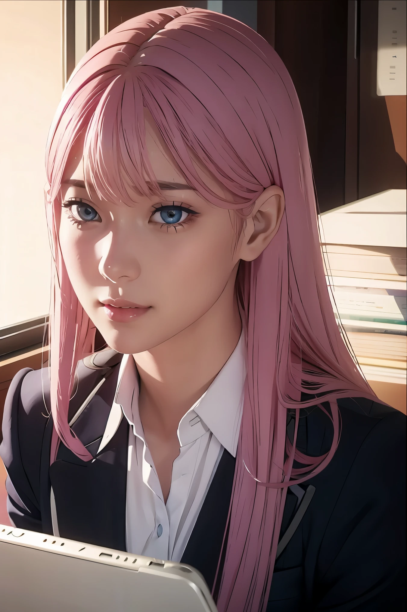 woMan with pink hair, black executive suit, looking forward, long hair, sweet look, blue eyes, pink eyeshadow, inside an office.