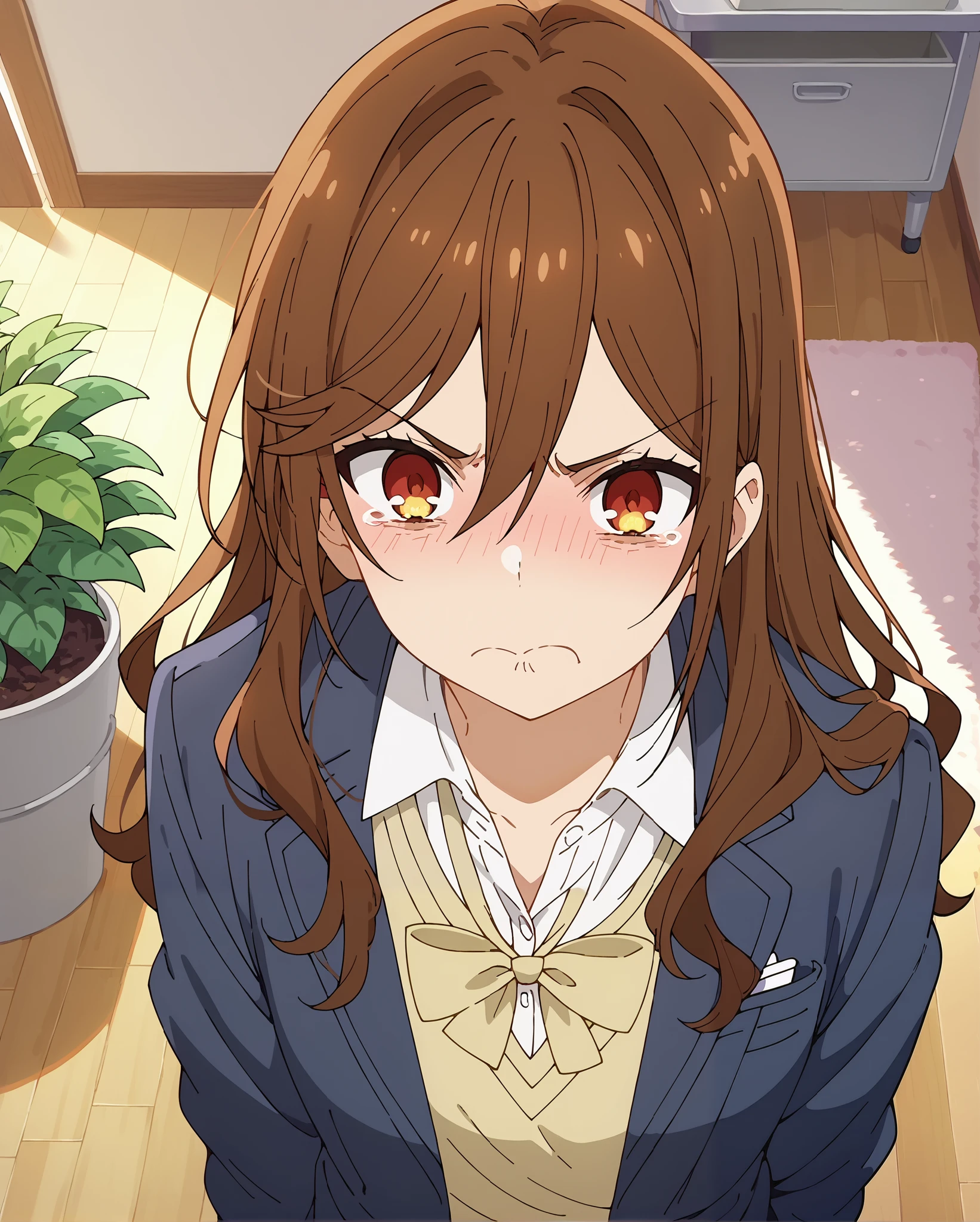 kyouko hori,anime screencap,1girl,solo,long hair,bangs, school uniform,hair between eyes,ashamed,pot,disappointed face,looking at you from above,disillusioned,grimace of disgust,indoors,shirt,school uniform