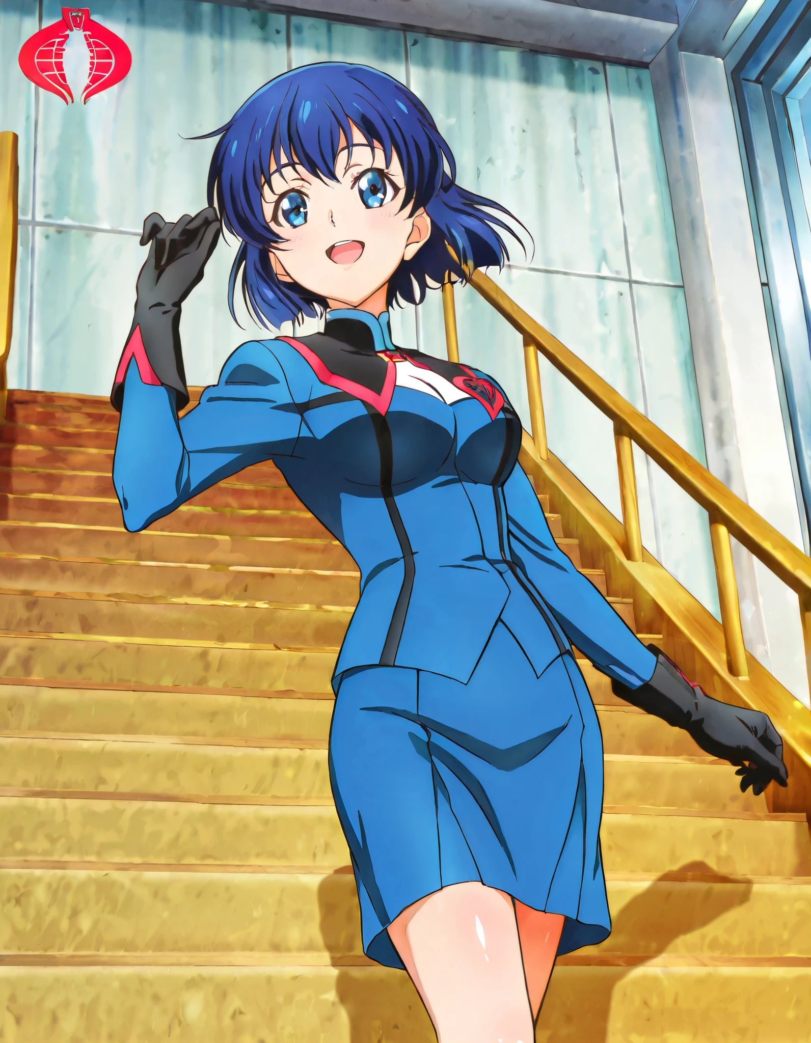 absurd, (absurd_resolution), masterpiece, best quality, (best illustration), (best shadow), ultra-High resolution, score_9, score_8_up, score_7_up, BREAK source_anime, 1girl, solo, shiny skin, perfect eyes, anime style, beautiful detailed eyes, anime_coloring, anime_screencap, aokazenana, (blue hair), skirt, medium breasts, blue suit, black gloves, red cobra logo, logo on left chest, hand up, smile, open mouth, stairs, looking forward, from below,