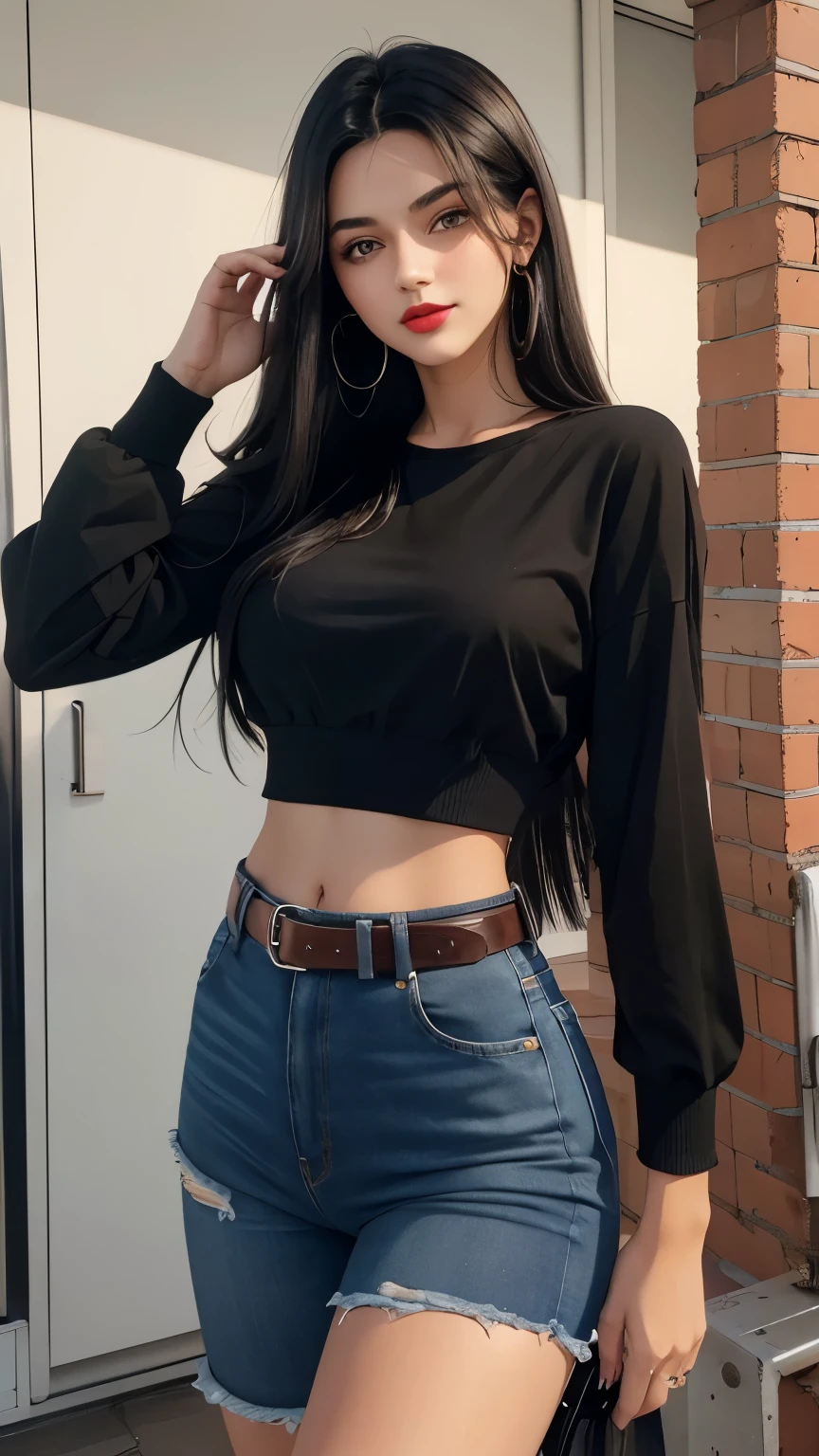 Beautiful 18 year old redhead girl wearing beautiful big earrings and a black one shoulder tight blouse and high waisted jeans with a belt and showing her belly button in a T shape