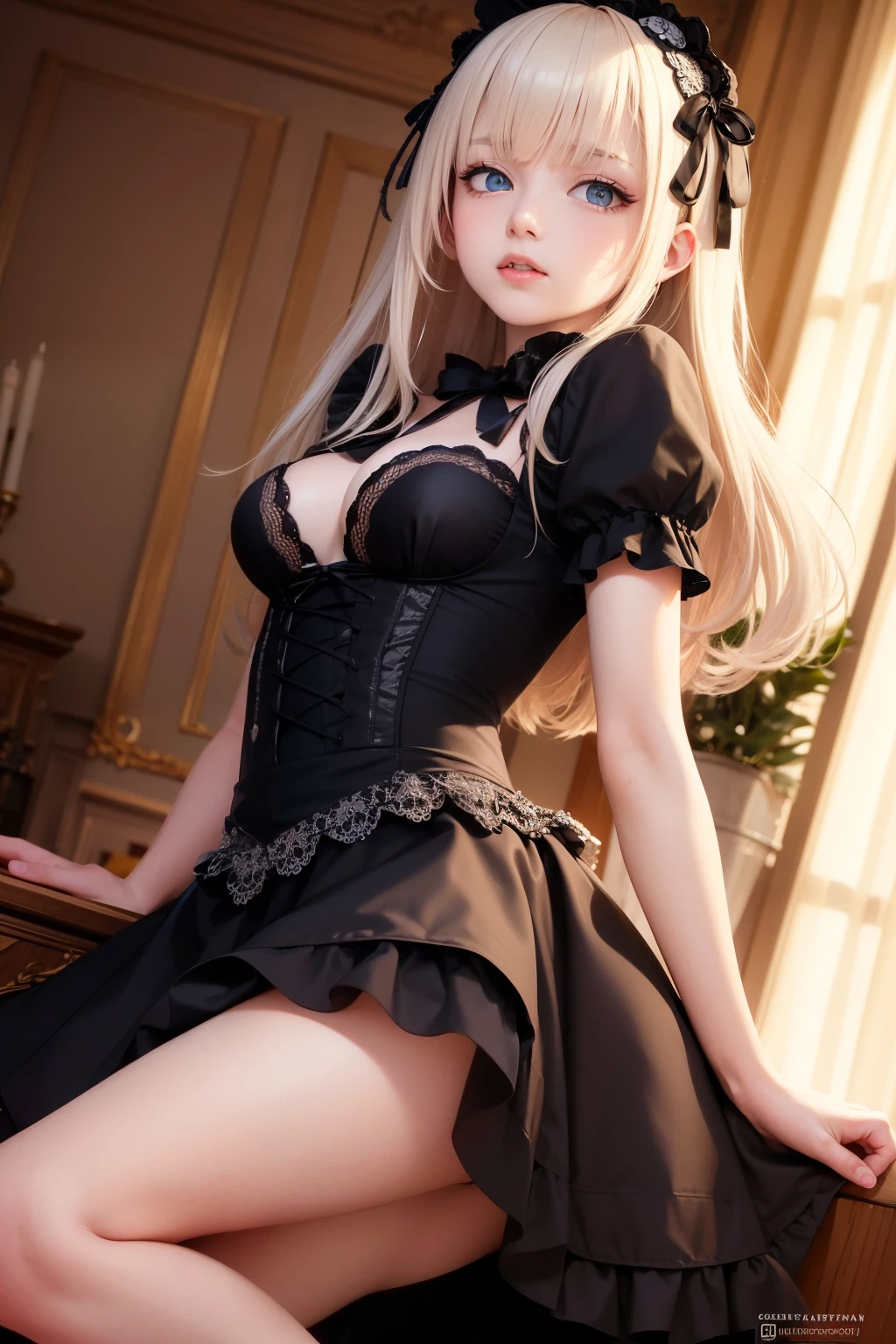 nsfw, best quality, masterpiece, super fine illustration, high quality illustrations, beautiful artwork, detailed skin, detailed face, detailed eyes, 1girl, solo, skinny, princess, (slut: 1.5), standing, white panties, blunt bangs, blonde hair, blue eyes, blush, curly hair, wavy hair, long hair, silver tiara, very long hair, smile, white garter belt, white garter straps, indoors, princess dress, juliet sleeves, long sleeves, looking at viewer, puffy long sleeves, puffy sleeves, see-through, skirt, white thigh highs, window, curtains, open clothes, (from front:1.4), (from below),