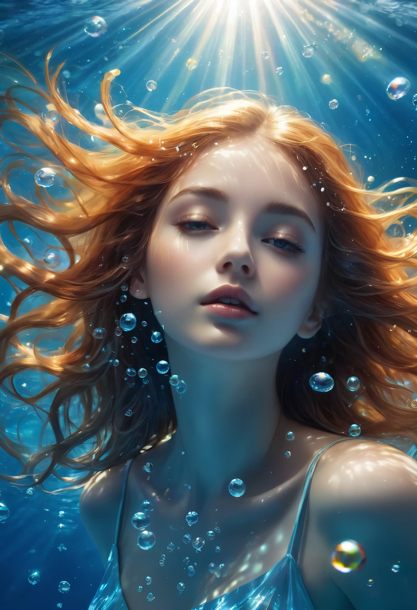 A woman under water looking up through the sun rays. She's reaching up trapped. Bubbles, Koi fish are swimming around. Pale skin and super long flowy ginger hair. Light crystal green eyes. 8k. Hd. Ultra detailed , hyper realistic, realistic skin