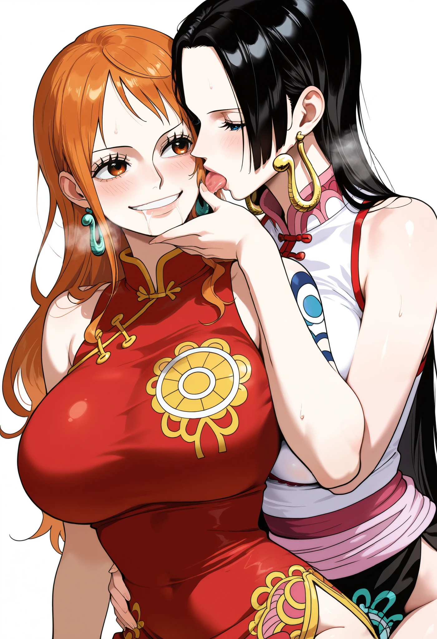 masterpiece, best quality, amazing quality, 2girl, (Nami, one piece, orange eyes, orange hair), (Boa Hancock, one piece, blue eyes, black hair), long hair, Sleeveless top, side-open skirt, red Chinese cheongsam , very happy smile, close up shot, simple background, medium size boobs , golden ratio face, kissing me, hugging each other, lesbian, sexy pose, hot kissing, Licking each other's tongues, drooling, breathing effect, breathing heavily, white background