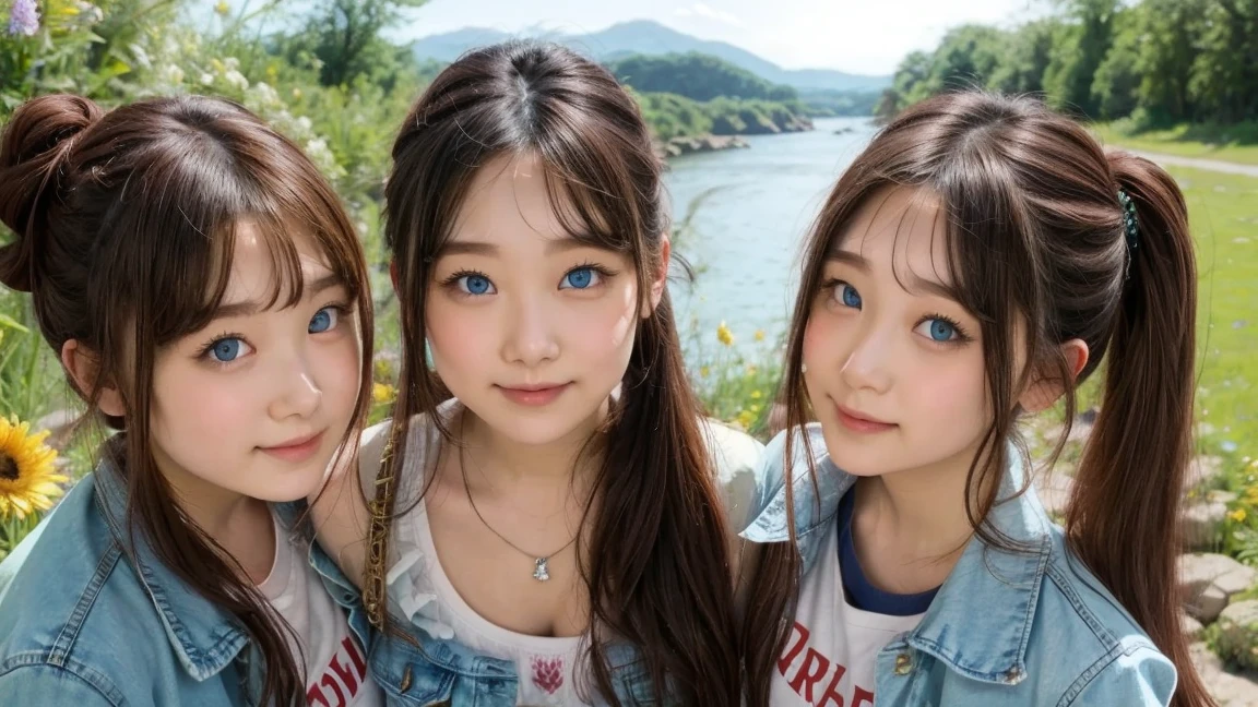 ( 3 girls),smile、Look into the camera、Diamond necklace、braided hair (Random color tank top:1.1)、The material is smooth and flexible.、exposed upper arms、Blue-green striped knee-length socks Extra long twin tail hair、close range shooting、Flower Hair Ornaments、Blindfold、Garter、 Masterpiece, Highest quality, 8ก, beautiful girl, young face、 photography, Cute face, thigh,Live in the grass、รอยsmile、small waist, blue eyes(((The chest is erect.)))(((round chest)))(((big breasts:1.2)))