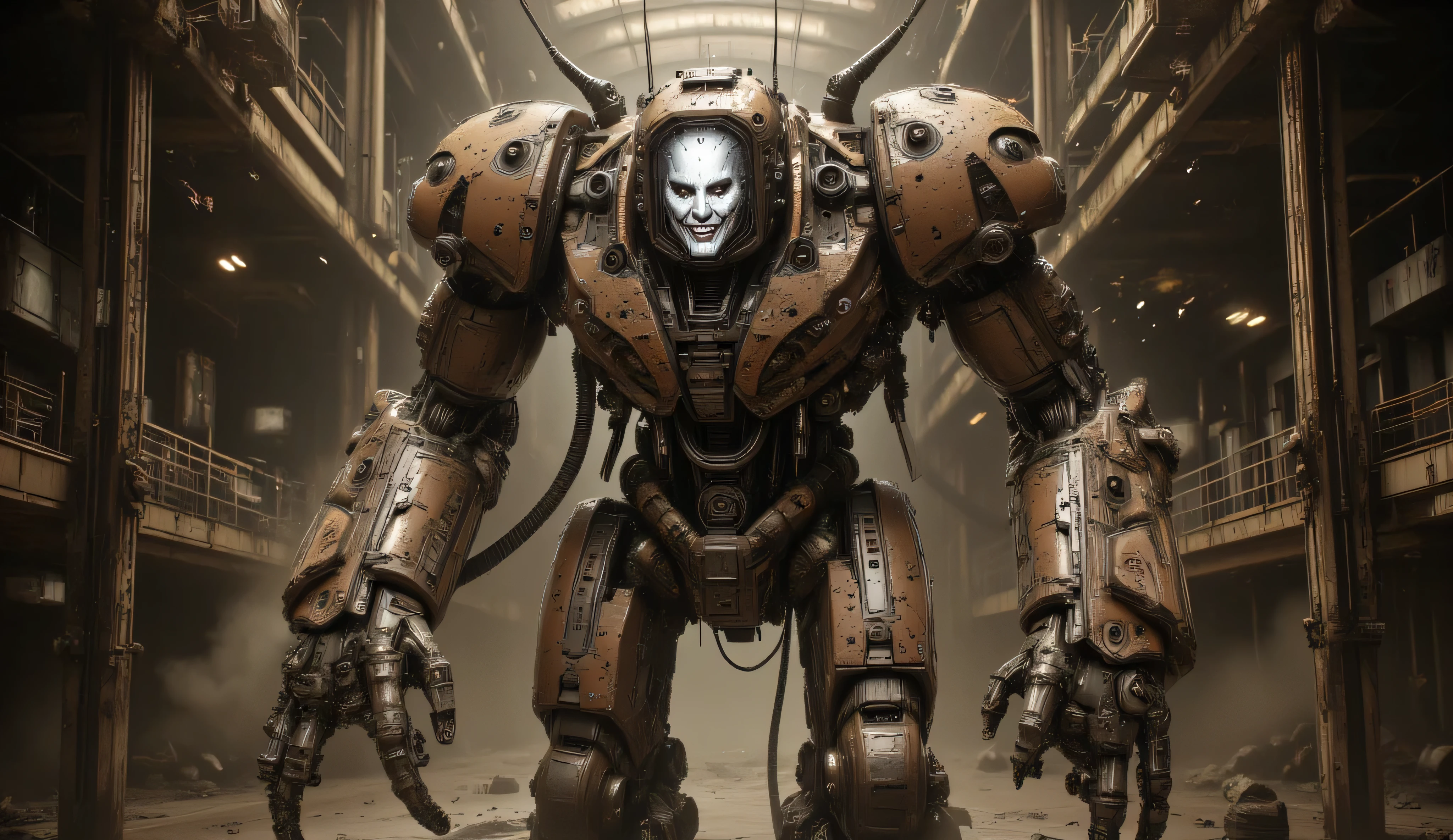 Realism, perfect composition. The human robot is a chocolate-colored colossus with iron elements. He stands on his hind legs.Massive torso, broad shoulders. His head is a TV with a white smiling human face on the screen. the screen is covered with interference. A huge humanoid combat robot with massive arms and legs. HE clenches his hands into fists. There are searchlights coming out of the body. Three long hoses grow out of the body. . The horror. He's in a dark hangar. brown lighting. Dust is flying in the air. darkness.