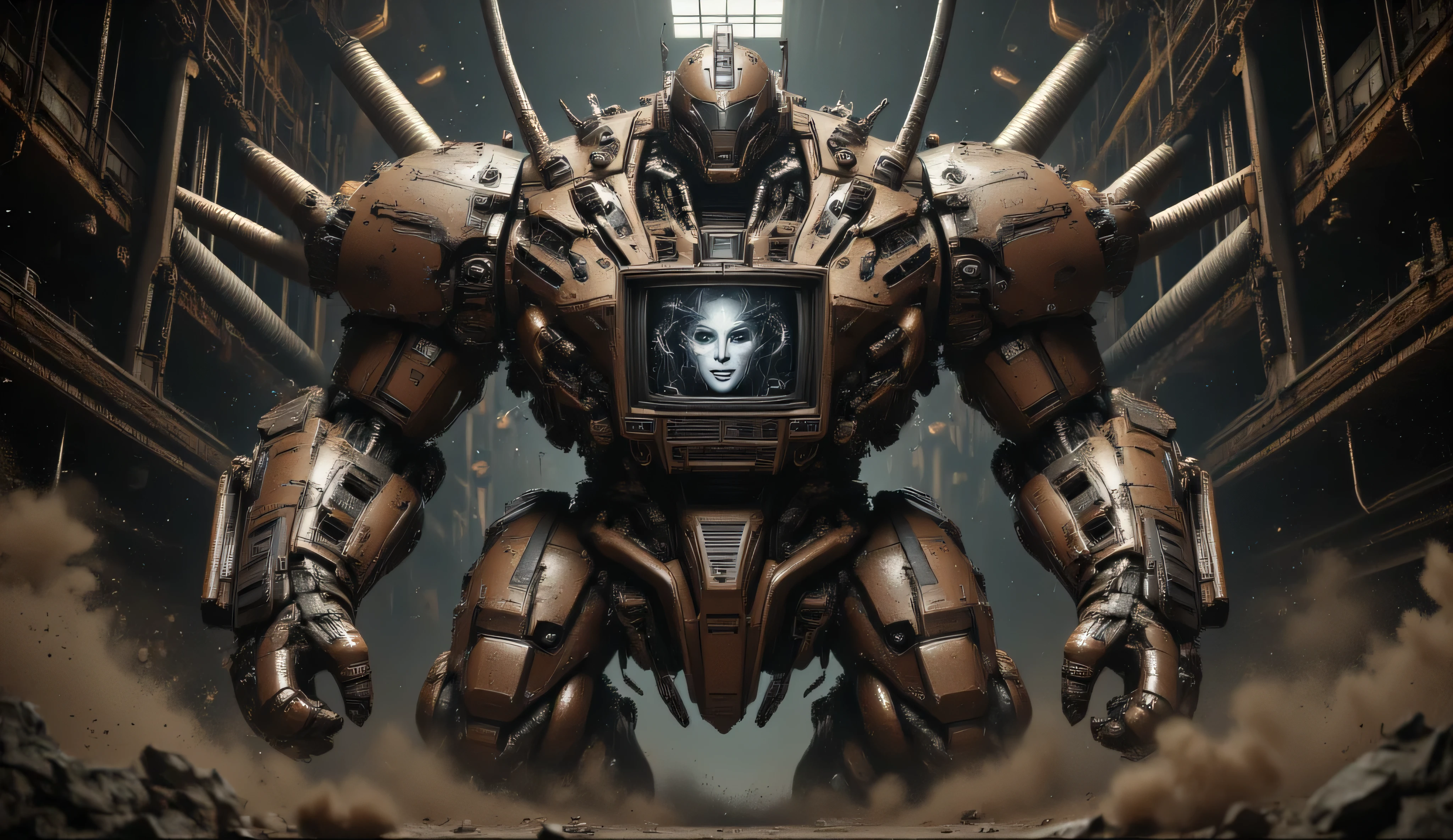Realism, perfect composition. The human robot is a chocolate-colored colossus with iron elements. He stands on his hind legs.Massive torso, broad shoulders. His head is a TV with a white smiling human face on the screen. the screen is covered with interference. A huge humanoid combat robot with massive arms and legs. HE clenches his hands into fists. There are searchlights coming out of the body. Three long hoses grow out of the body. . The horror. He's in a dark hangar. brown lighting. Dust is flying in the air. darkness.