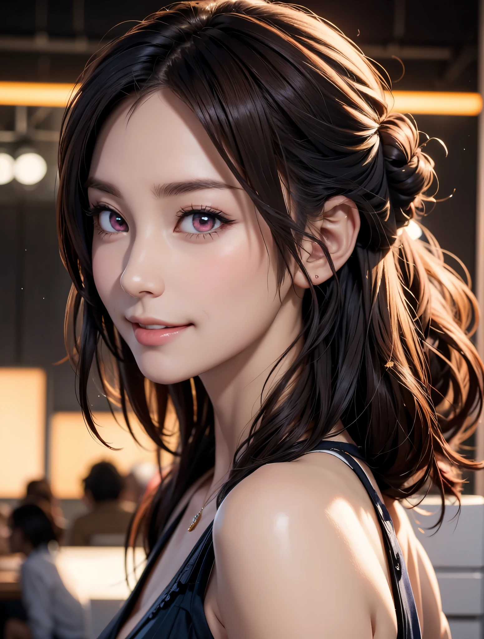 masterpiece、 top quality、 nothing 、 High Quality Images 、8k, woman 1 person、Skin Radiance、 skin and clothing texture、 beautiful eye expression 、Shiny latte colored hair, Long Haired Girl , cartoon inspired by Lee Jong Suk, deviantart , realism, Detailed cartoon style , cartoon art style , perfect line drawing , Beautiful line art, Digital Manga Art Girl , K-pop idols, dress, She has beautiful pink eyes under a trendy tennis court, plump lips, Beautiful Faces with Attention to Details , ( cute smile), charm, Innocent, side view, ( Perfect Face ), () like the picture , Depth of Boundary Explanation , half up hairstyle , tiara , 白いウエディング dress,At a wedding,Association, evening,Lots of roses,