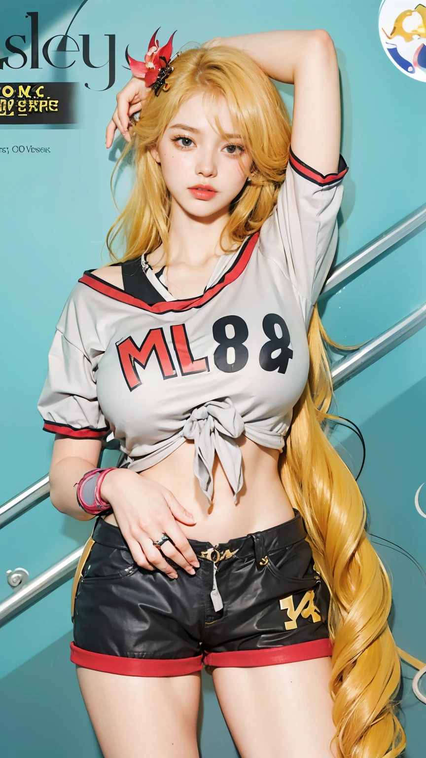 (1girl),large breasts,  breasts, tan, dewy skin, sweaty skin, wavy blonde hair, punk tshirt, punk girl, varsity jacket