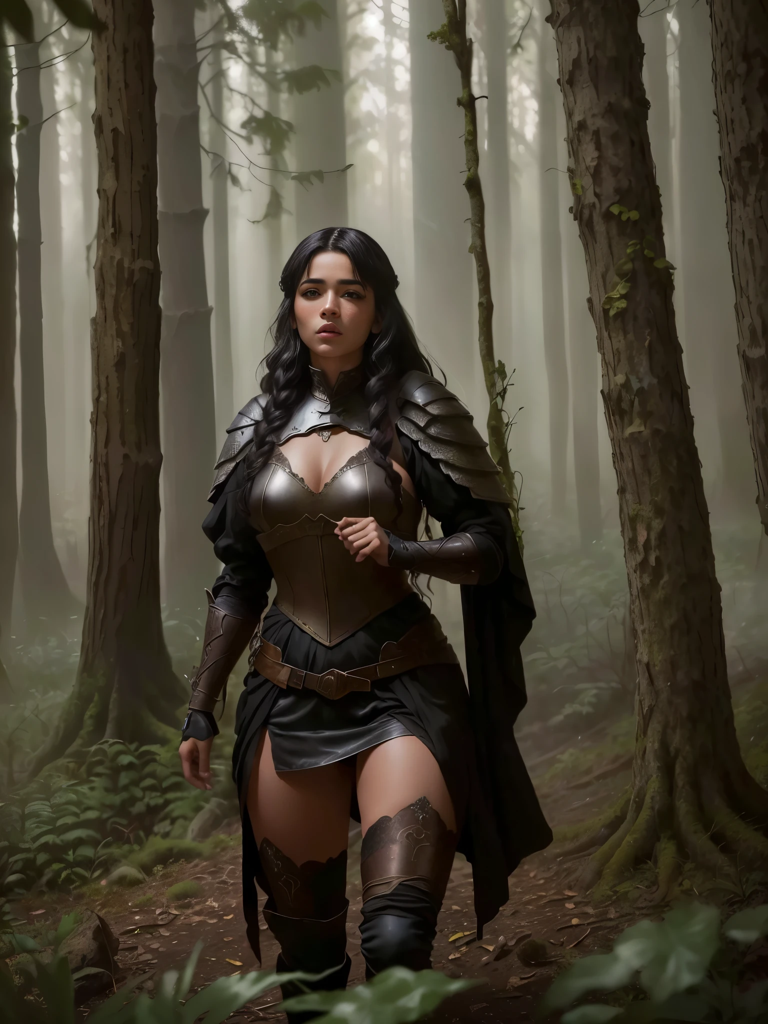 mulher arafada em uma larga roupa de tecido de linho escuro, caminhando por uma floresta, como personagem de fantasia medieval, em armadura pesada de couro, caçadora da florestta, camponesa guerreira, pele morena, mixed Iberian and North African descent, The mood is one of tense anticipation and quiet power, evoking the atmosphere of a dark fairytale.