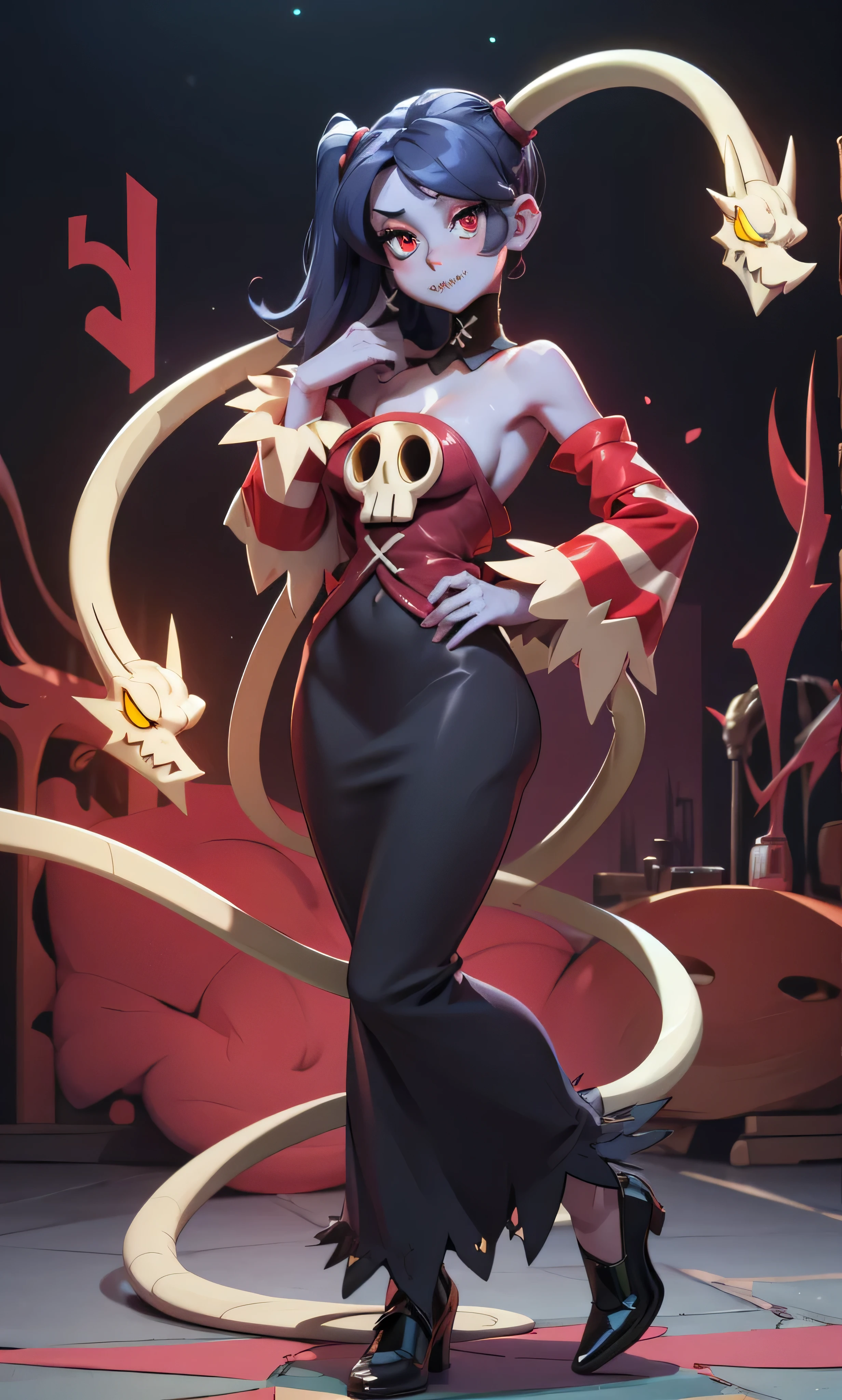 masterpiece, great detail, a beautiful girl , squigly, skullgirls, Blue Hair, red eyes, A snake in the head, Bangs, blush, Sewing on the mouth, smile, full body, thin and tall, medium breasts, hips, sky blue skin, long dress, black dress, long skirt, black shoes, pose sexy, manos en las hips, Textured skin,