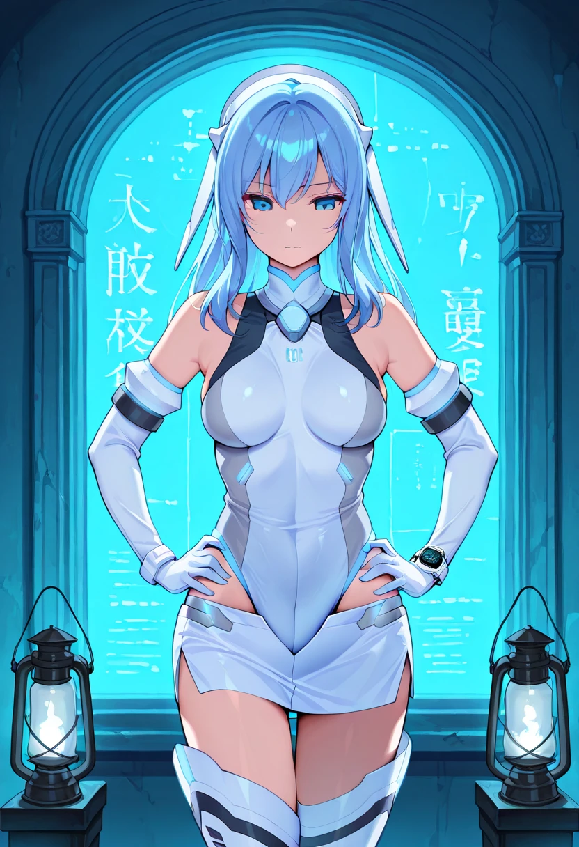 ((masutepiece, Best Quality, hight resolution, nffsw, Perfect Pixel, 4K, nffsw, nffsw))), 1girl in,((NSFW)), Beautie、((short-hair, Bangs, Light blue hair)), ((Blue eyes, Beautiful eyelashes, Realistic eyes)), ((Detailed face, Blushing:1.2)), ((Smooth texture:0.75, Realistic texture:0.65, Photorealistic:1.1, Anime CG style)), ((well-muscled、Undersized breasts,big butts、thick thighs))、 Dynamic Angle, Perfect body, Dark concrete room、((Hands behind the head、srestrained、Armpits、spreading legs))、((very embarrassing panic、:o、Sweat、))、(white leotard、)、
