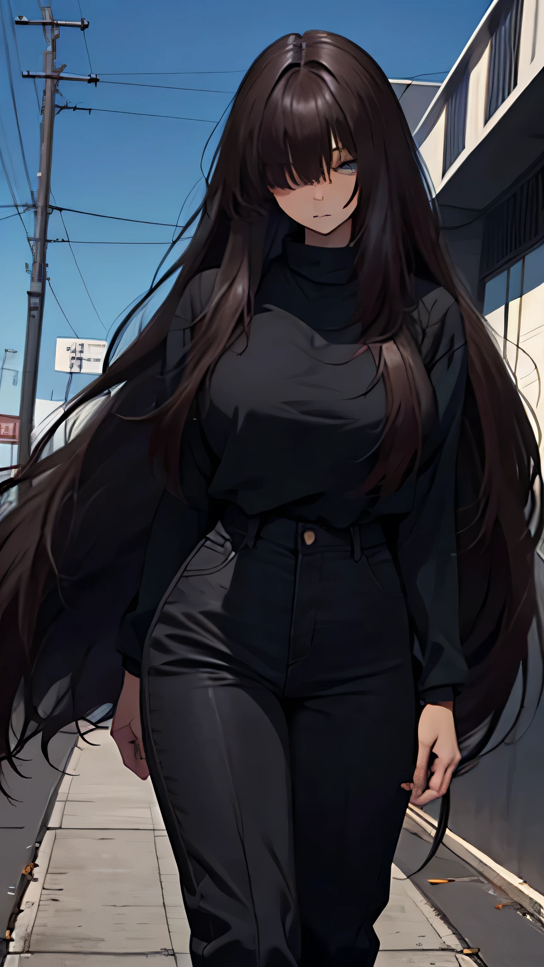 1girl, Solo, Auburn Hair, very long hair, (straight hair), casual dark clothes, tall, mature, green eyes, one eye covered by hair, badass, baddie, strong body, full body shot, High Resolution, best quality, detailed, full hd