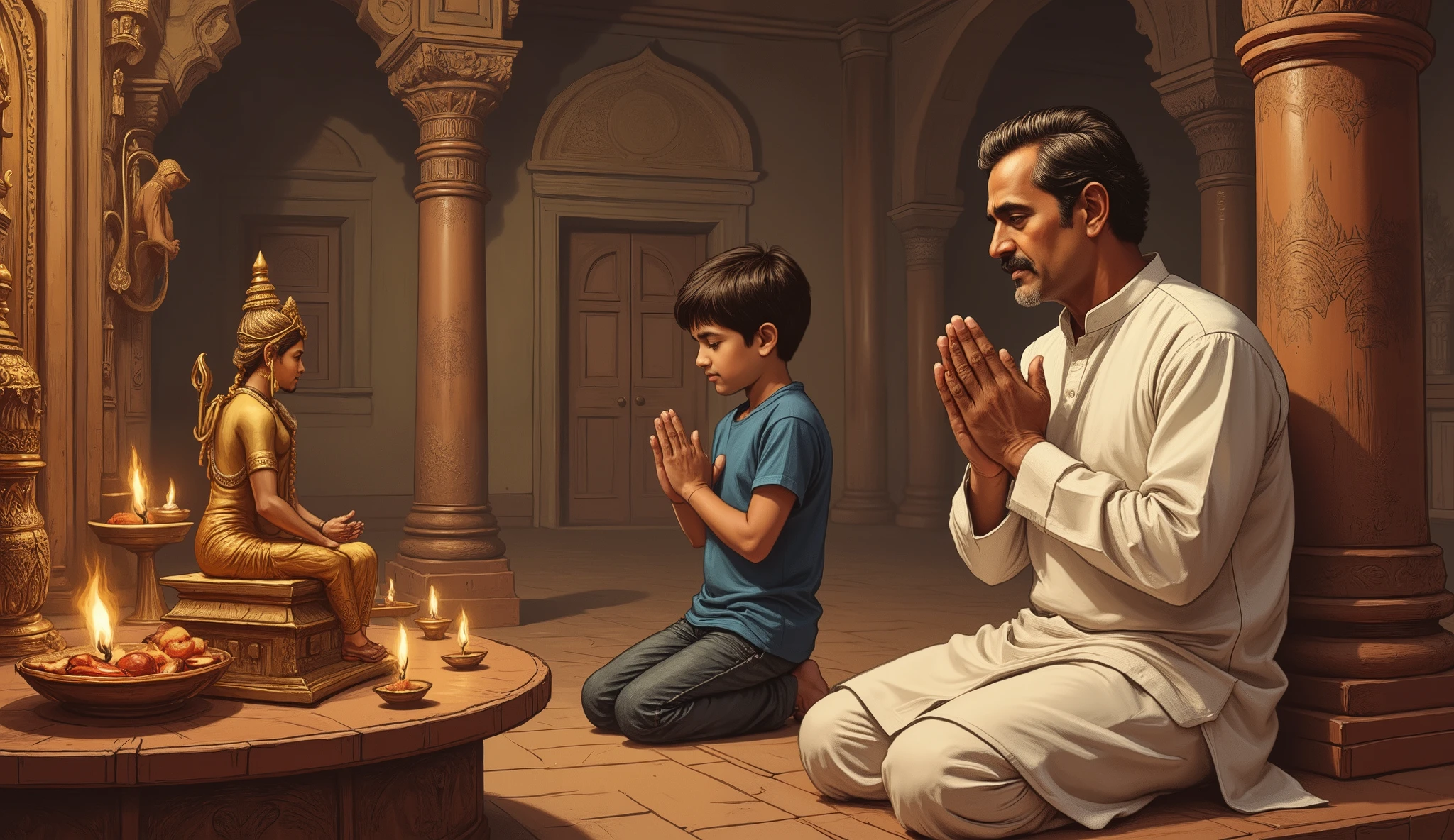 "Inside a peaceful Shiva temple, Harish Sharma, a middle-aged man with a mustache, wearing a simple white kurta, kneels beside his young son, Aryan Sharma, who is dressed in a casual shirt and jeans. Both have their hands folded in prayer before a Shiva idol, with oil lamps casting a warm glow around them. Harish looks serene and devoted, while Aryan follows his father’s actions with quiet respect. The scene is painted in a cinematic oil painting style with soft lighting and a spiritual atmosphere."

