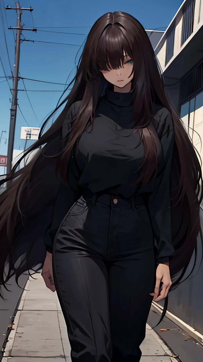 1girl, Solo, Auburn Hair, very long hair, (straight hair), casual dark clothes, tall, mature, green eyes, one eye covered by hair, badass, baddie, strong body, full body shot, High Resolution, best quality, detailed, full hd