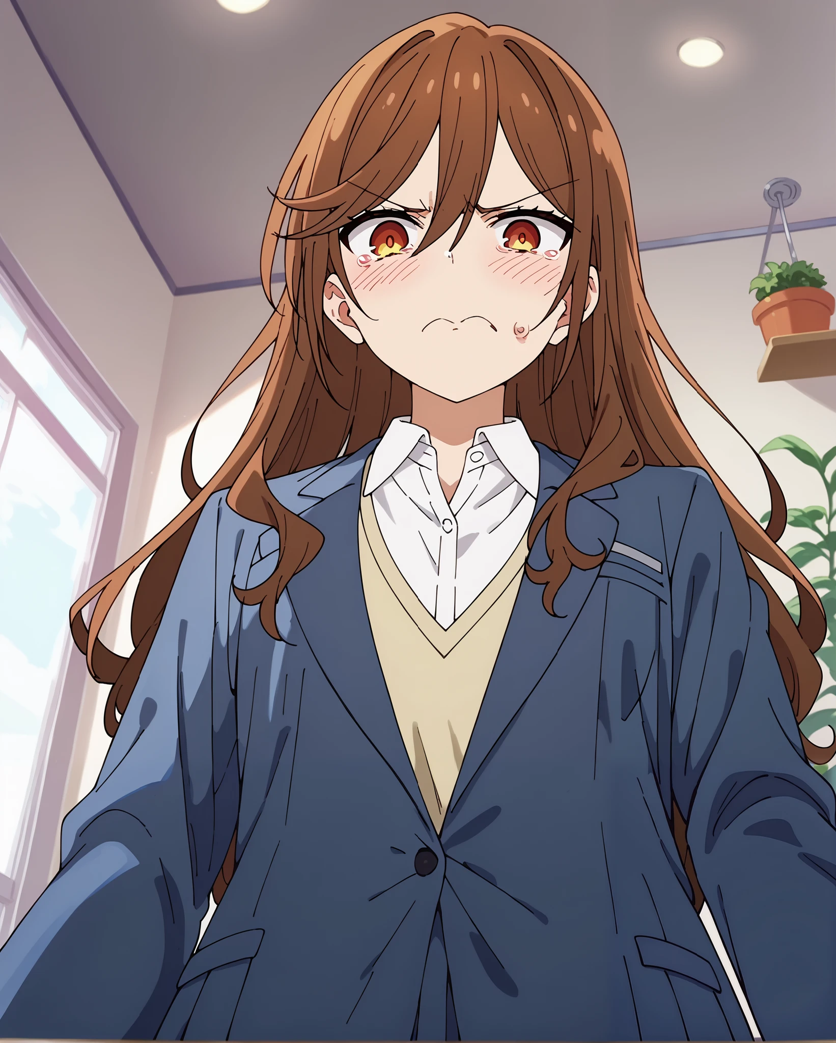 kyouko hori,anime screencap,1girl,solo,long hair,bangs, school uniform,hair between eyes,ashamed,pot,disappointed face,(pov from below:1.3),disillusioned,grimace of disgust,indoors,shirt,school uniform